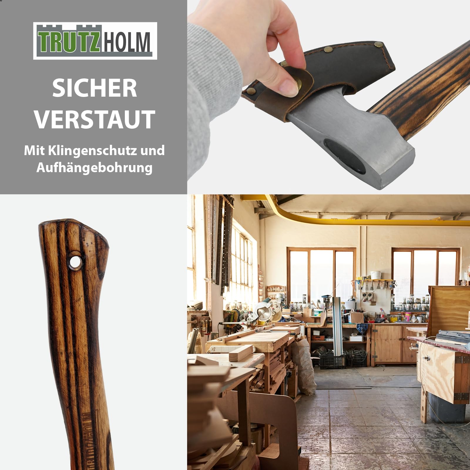TRUTZHOLM Axt/Beil Vintage aus C45 Stahl Griff aus Hickoryholz geflammt Freizeitbeil zum Spalten von Holz, Entasten von Bäumen mit Klingenschutz aus Leder (Beil 320 mm)