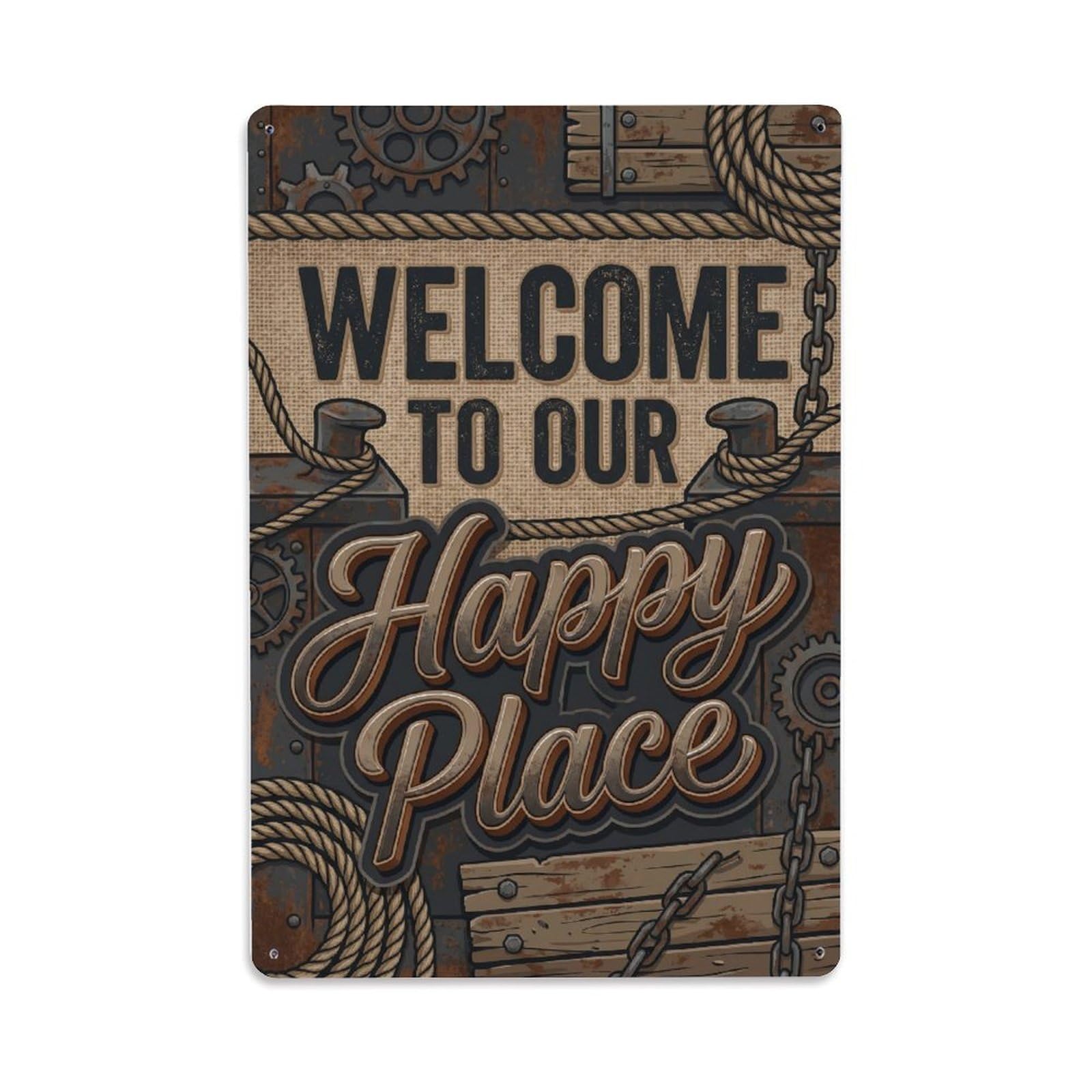 Welcome To Our Happy Place Vintage Chock Wharf Metal Tin Sign Plaque Wall Decor for Cafe, Club Bar, Office, Home Garden Metal Poster 8x12Inch