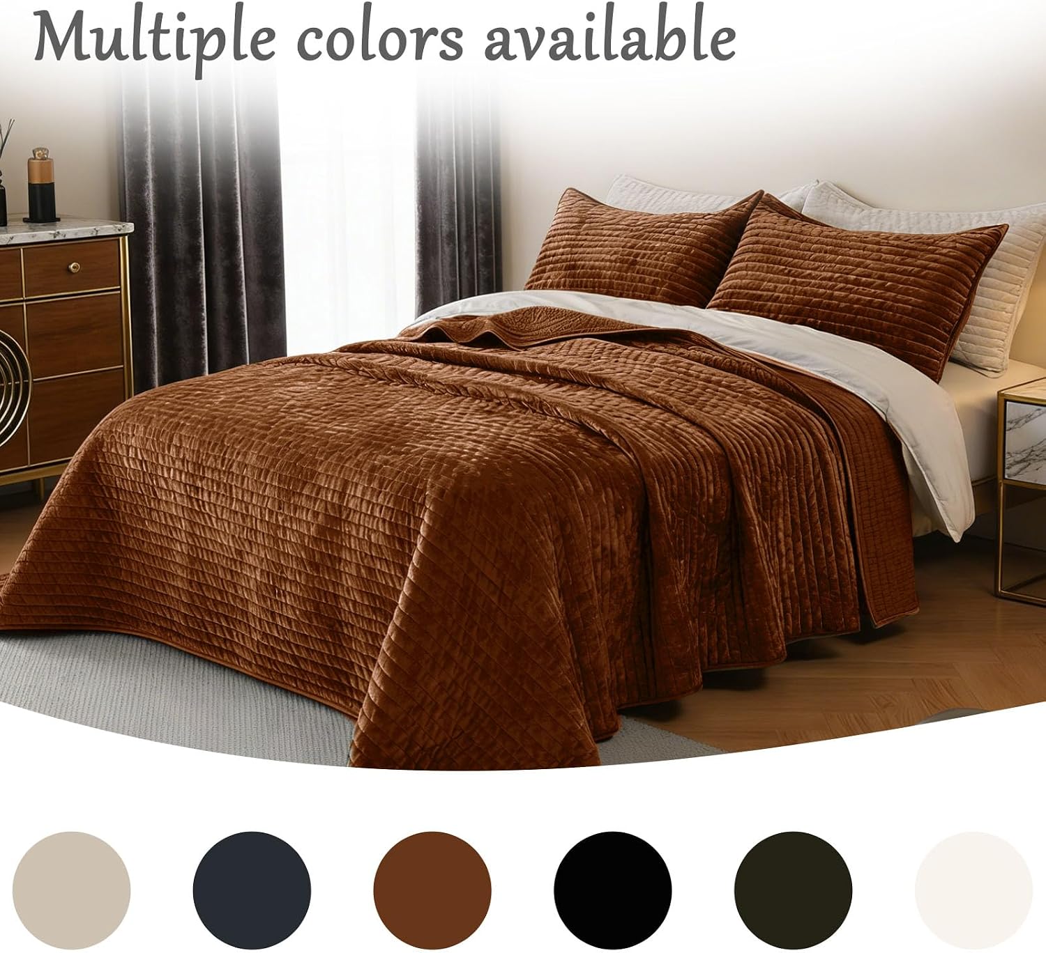 Oversized King 120"x128" Quilt Set Luxury Velvet Bedspread 3 Piece Quilted Coverlet Set with 2 Matching 20x36 Pillow Shams Ultra Soft All Season for Farmhouse Guest Room,Caramel