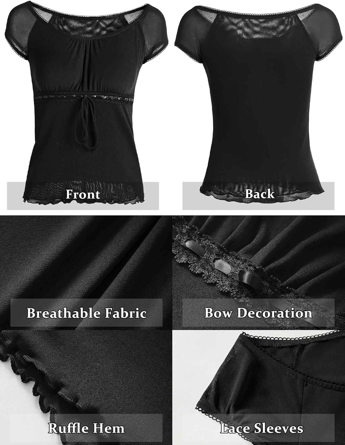 Y2K Mesh Top Women Babydoll Short Sleeve Shirt Scoop Neck Ruffle Hem Clothes - Image 6