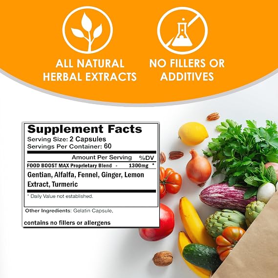 VH Nutrition | FoodBoost MAX | 1300mg Appetite Stimulant* Weight Gain Pills* for Men and Women | Formulated with Gentian, Turmuric, Fennel | 120 Capsules
