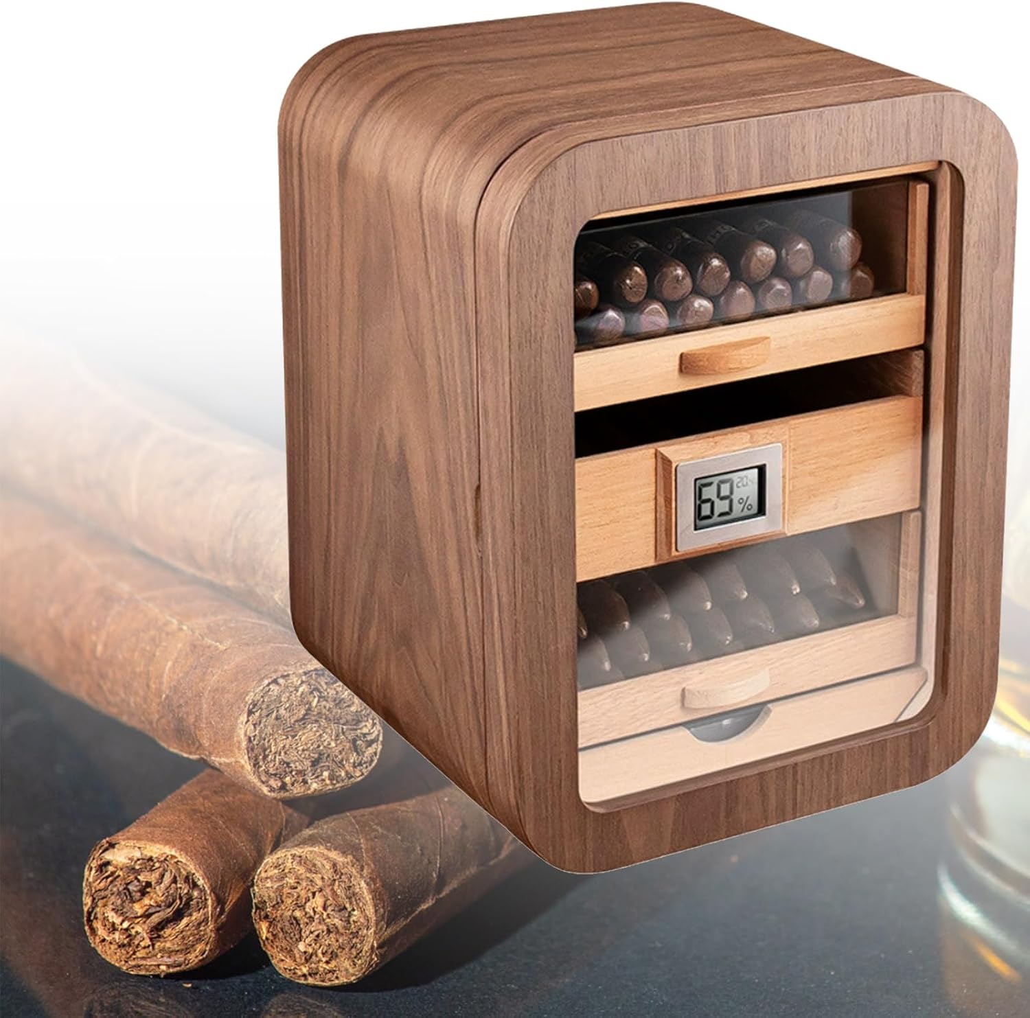 Digital Electric Cigar Humidor Cabinet, Cedar Wood Desktop Hygrometer & Humidifier for 110 Cigars, Perfect Men's Gift, Brown Finish, Accessory Drawer Included