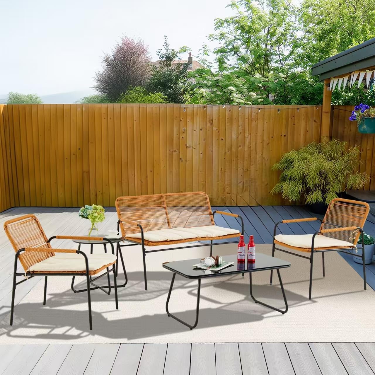 4-Piece Patio Conversation Set with Cushions, Outdoor Wicker Bistro Furniture with Rectangle Tempered Glass Coffee Table, All-Weather Rattan Loveseat Chairs for Porch, Backyard, Deck, Garden
