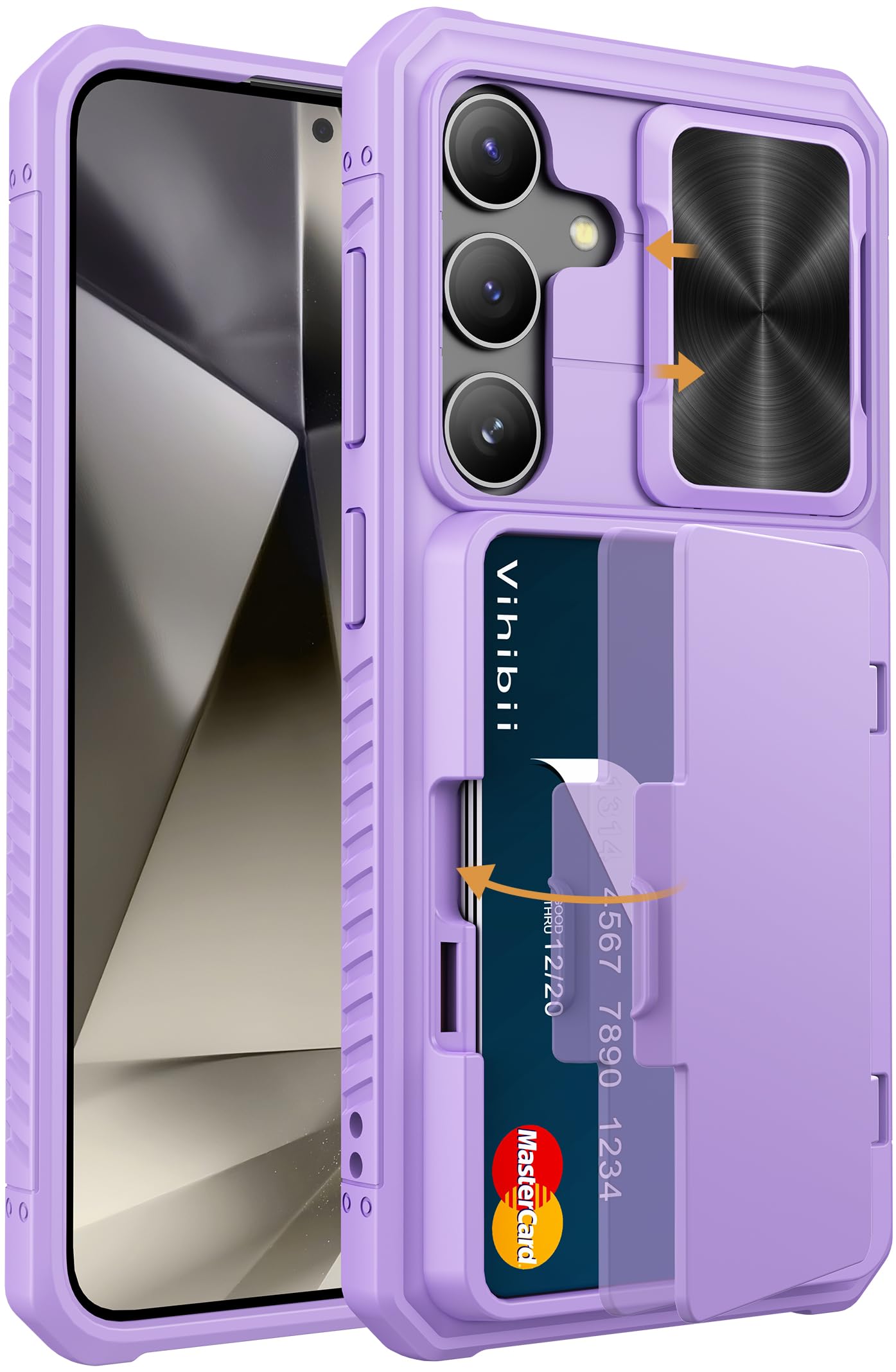 Vihibiifor Samsung Galaxy S24 Case with Card Holder (4 Cards) & Slide Camera Lens Cover & Kickstand, Rugged Durable Hard Back & Soft Edge Wallet Phone Case for Samsung Galaxy S24 5G 6.2" 2024, Purple