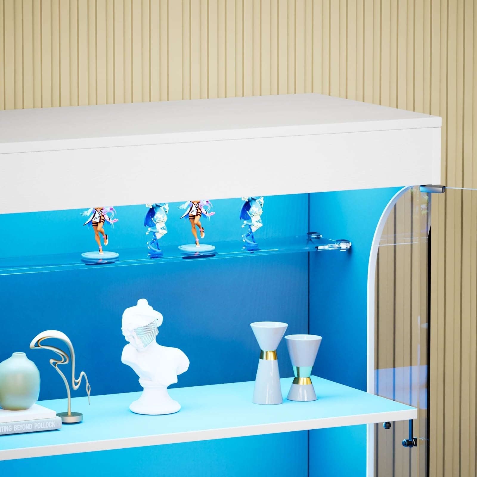 Vitrina de cristal con LED, vitrina para colección, armario de cristal moderno, 6 estantes, 4 puertas, transparente, mueble vitrinas para dormitorio, salón, comedor, 80 x 35 x 165 cm (blanco