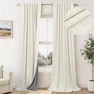 Pitalk 100% Blackout Linen Curtains 84" 2 Panels Cream Boho Farmhouse Thermal Insulated Bedroom Drapes Back Tab Pocket