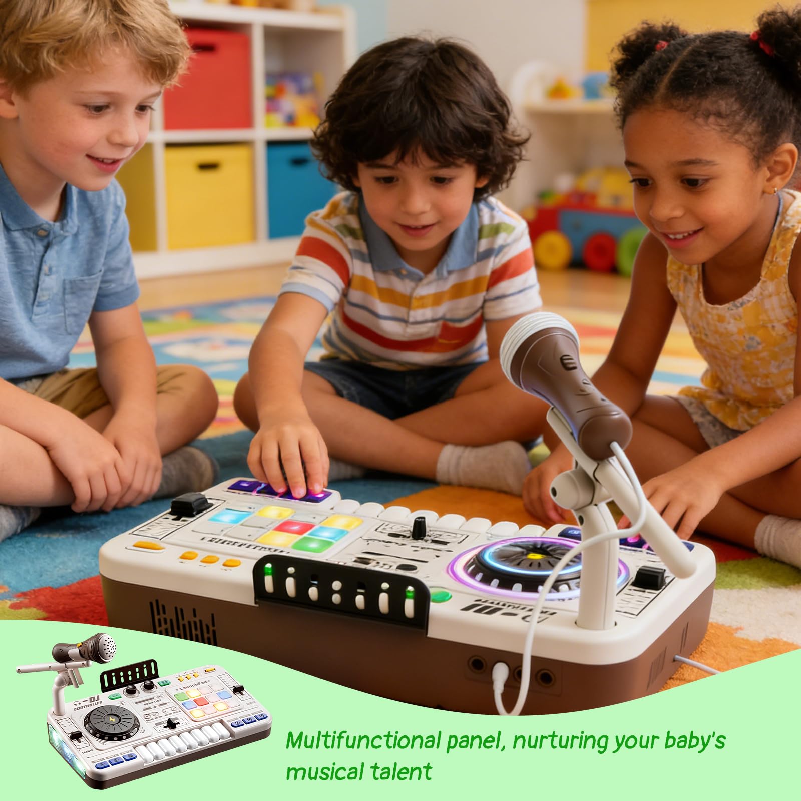 Table de Mixage DJ Enfants, DJ Mixer Controller pour enfant Platines avec Microphone, Effets de Lumière, Mode de Jeu, Mixeur DJ, Jouet Musical Interactif peut être Bluetooth pour Garçons et Filles