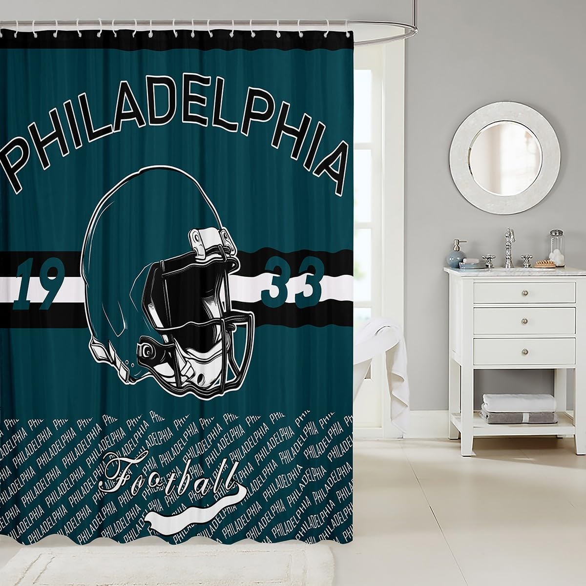 Feelyou Football Shower Curtain for Bathroom Decor Philadelphia Bath Curtain for Stalls Bathtubs Football City Bathroom Accessories Sports Games Waterproof Polyester Fabric with 12 Hooks 72"x78"