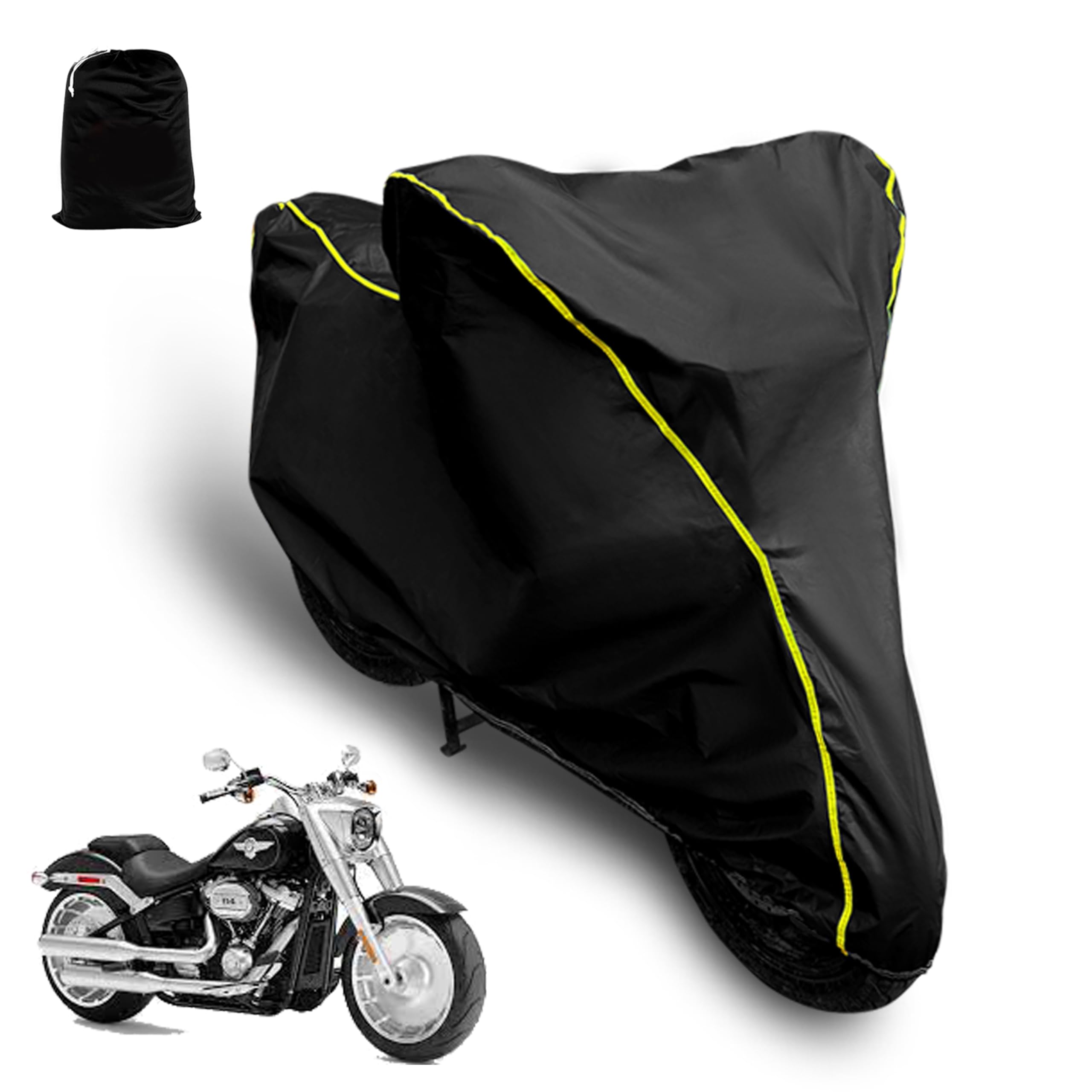 AUTOCOZEN Waterproof Bike Cover Compatible with Harley Davidson Fat Boy Cover with All Weather Protection and Triple Stitch, Heavy Buckle with Storage Bage & Black with Yellow Piping-image-8