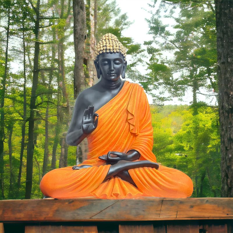 Image of 2 Feet Buddha Statue for Home Decor, Garden and Gifting, Big Size, Made of Resin, Premium Luxury Decoration Showpiece, Vastu Feng Shui for Good Luck, Happiness (Metallic Orange & Grey)