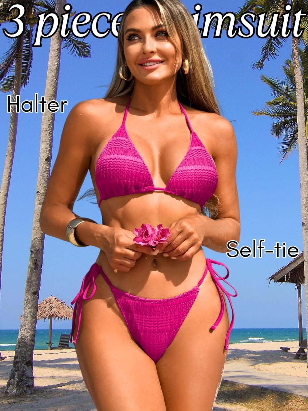 Women 3 Piece Crochet Swimsuits, Halter Triangle Bikini Set with Cover Up Skirt, Side Tie String Thong Bathing Suit - Image 2