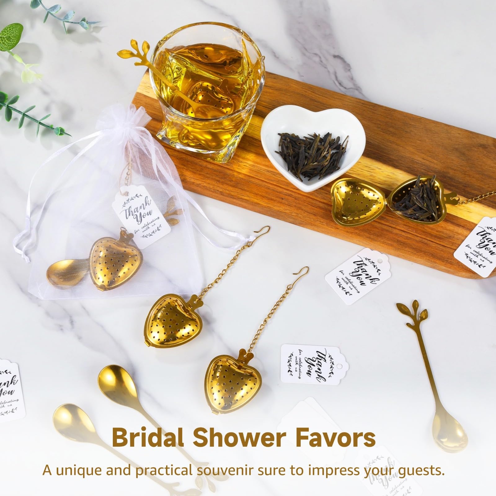 Bosreroy Wedding Favor Tea Party Set, 25 Heart-Shaped Tea Infusers with Leaf Tea Spoons, Organza Bags & Thank You Cards