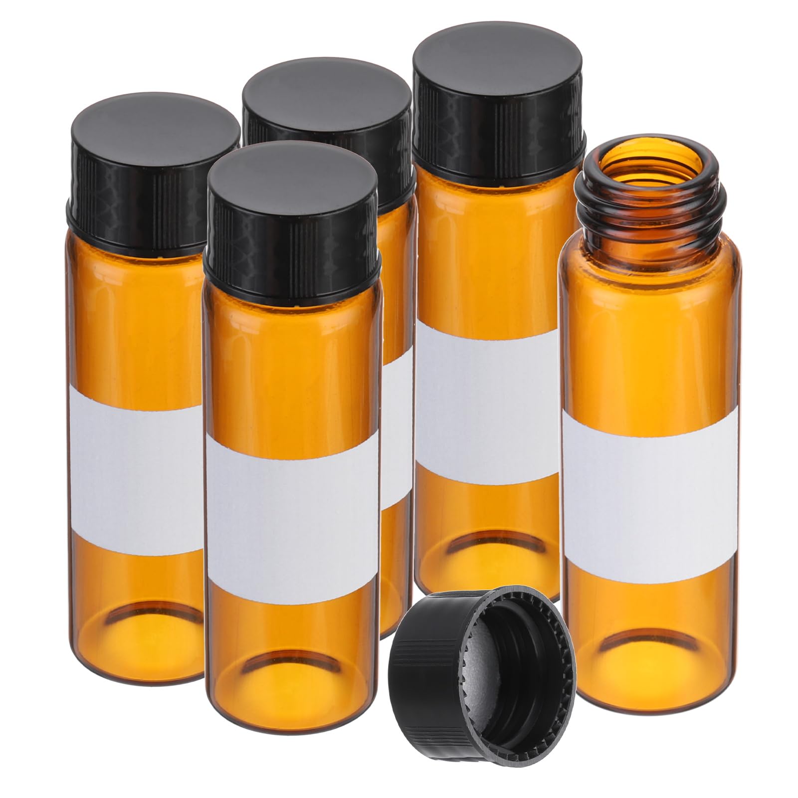 PATIKIL Piccoli flaconi modello in vetro con coperchio, 5 pezzi flaconi in vetro ambrato da 15ml con tappi a vite neri mini bottiglie sigillate antiperdita per reagenti con etichetta