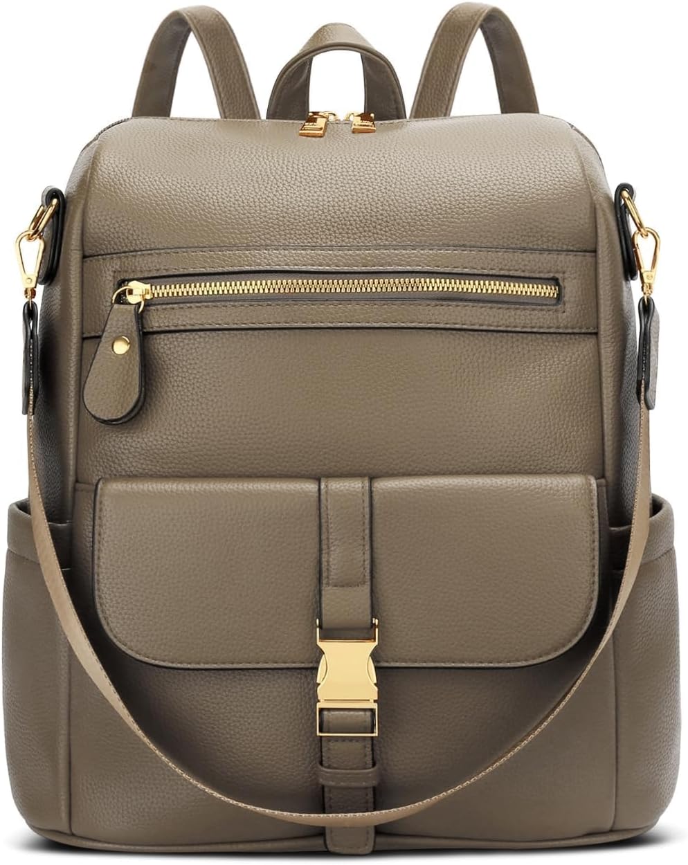 KKXIU Backpack Purse for Women - PU Leather Ladies Backpack for Daily with Anti-Theft Lock Pocket, Small Daypack with Luggage Strap & Water Bottle Pockets (Khaki)