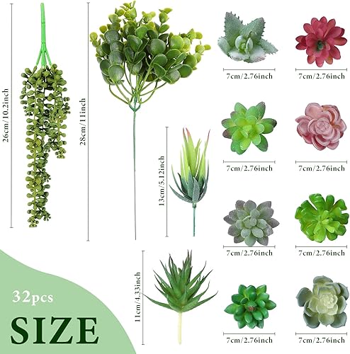 Miniatura 2 de 32 piezas surtidas de mini plantas suculentas artificiales sin maceta, pequeñas suculentas artificiales de cactus verdes falsos, plantas falsas a