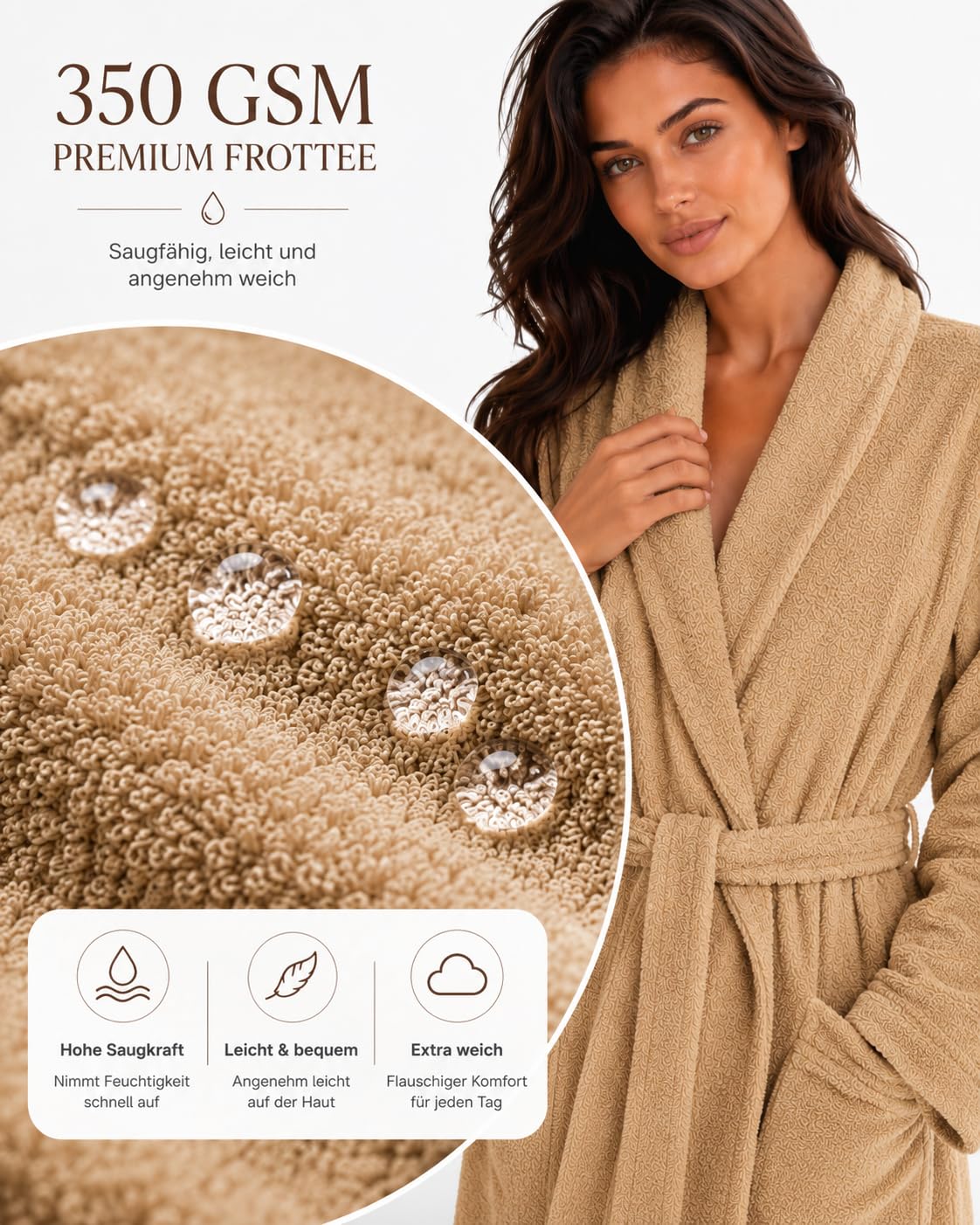 ELY PARKER Albornoz para mujer de rizo, cuello chal, algodón