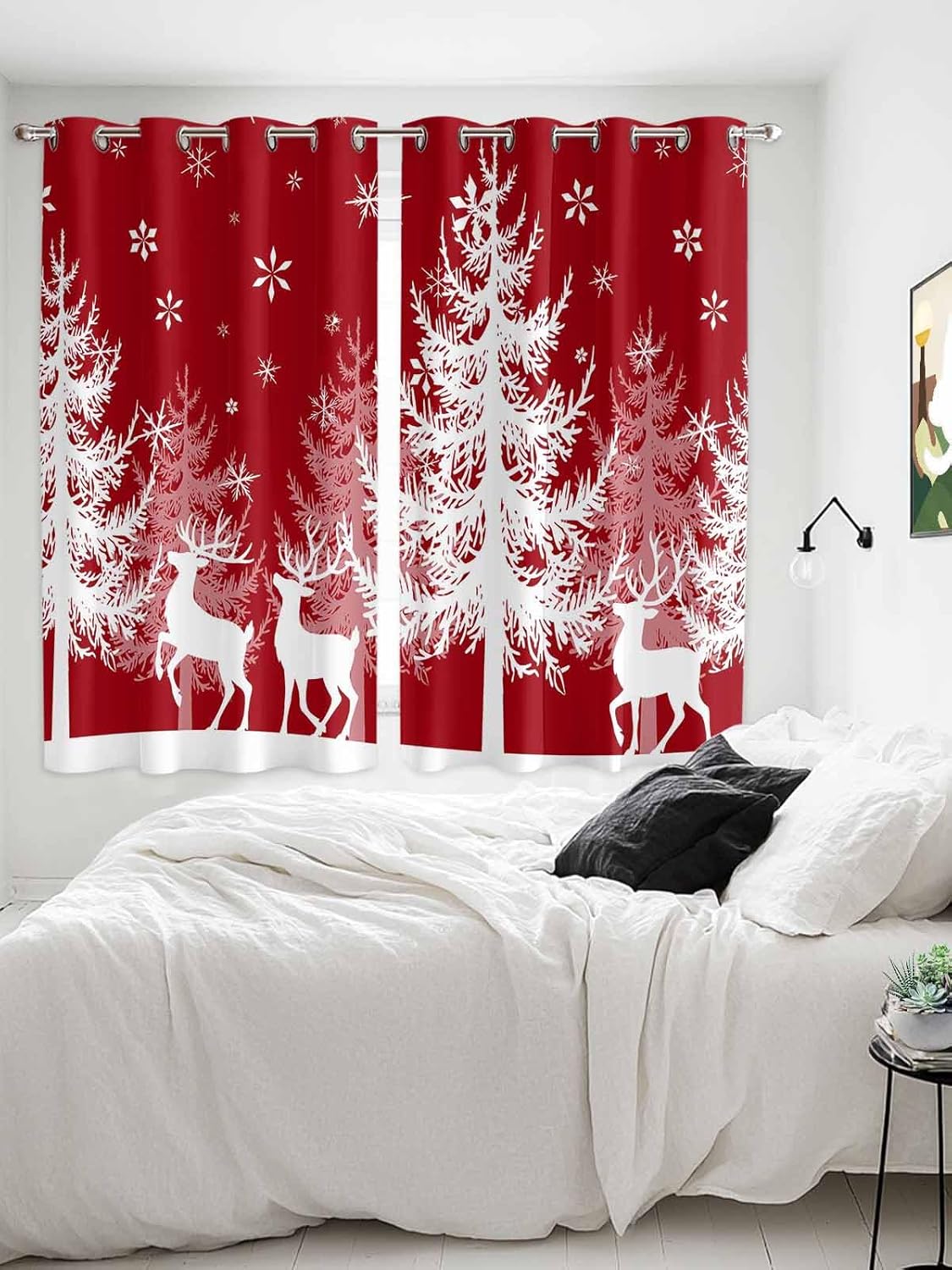 Grommet Top Window Curtains, Christmas Winter Snowflake Tree Elk Red Durable Light Blocking Windows Drapes for Kitchen/Bedroom/Living Room, Window Treatments Curtain Set of 2 Panels 52x84 in