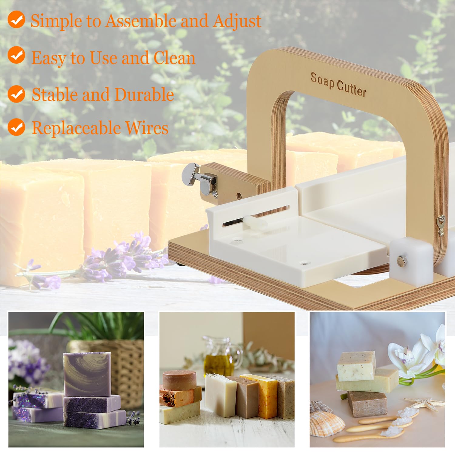Taglierina di sapone in legno, filo regolabile in acciaio inossidabile strumento di taglio per candele fatte a mano del sapone Loaf Cheese DIY Making Tool (Wooden-White-01)
