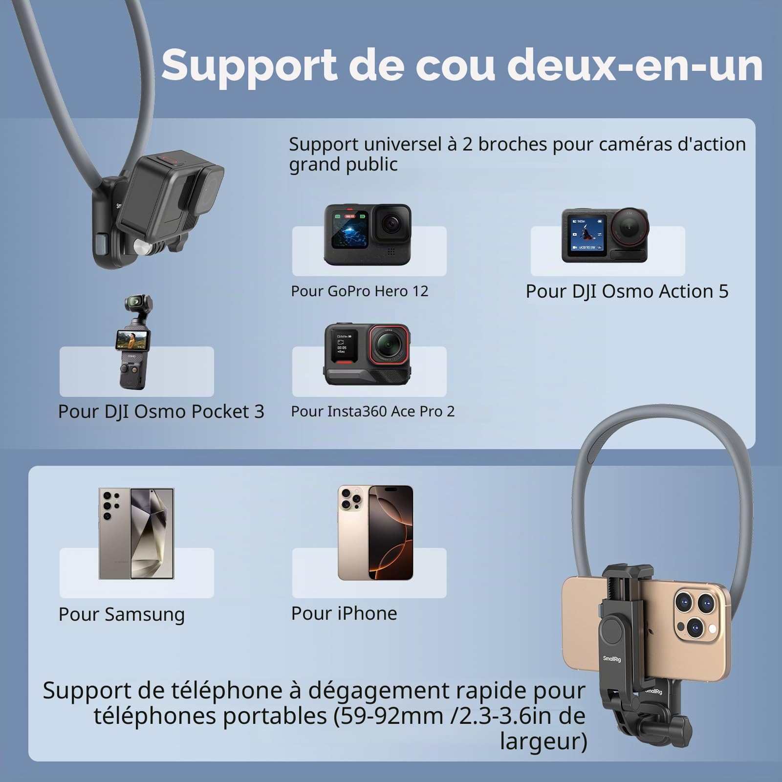 SMALLRIG Support de Cou Magnétique pour Caméras d'action et Téléphones, Support de Prise de Vue POV Confortable avec Adaptateur Universel à 2 Broches et Support de Téléphone - 5128