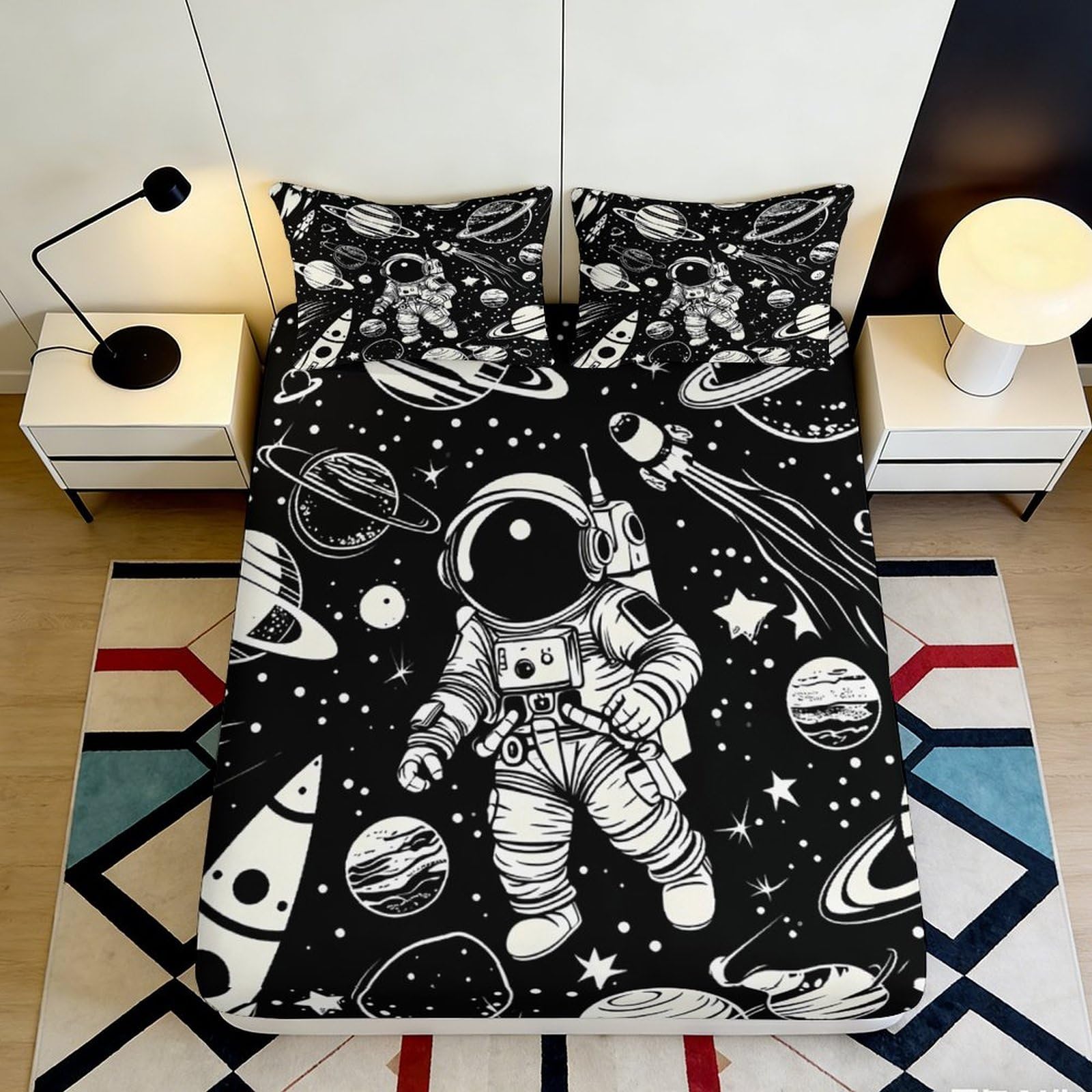 3D Printed Astronaut Space Adventure Fitted Sheet Microfiber Soft Breathable Planet Mattress Cover for Bedroom Dorm Decor 90x200x25cm