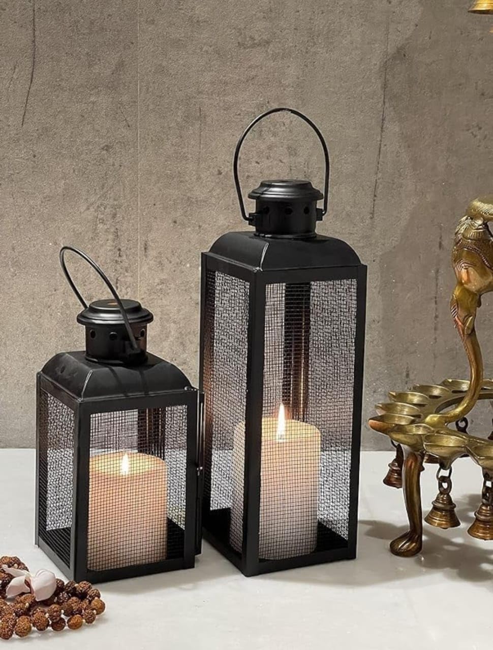 Z.K Indian HANDICRAFTS- Set of 2 Iron Lantern and Candle Tealight Holder for Home Decor Items | Candles for Home Decoration | Candle Holders for Home Decor | 2 Free Led Lights | Pack of 2 | Black-image-27