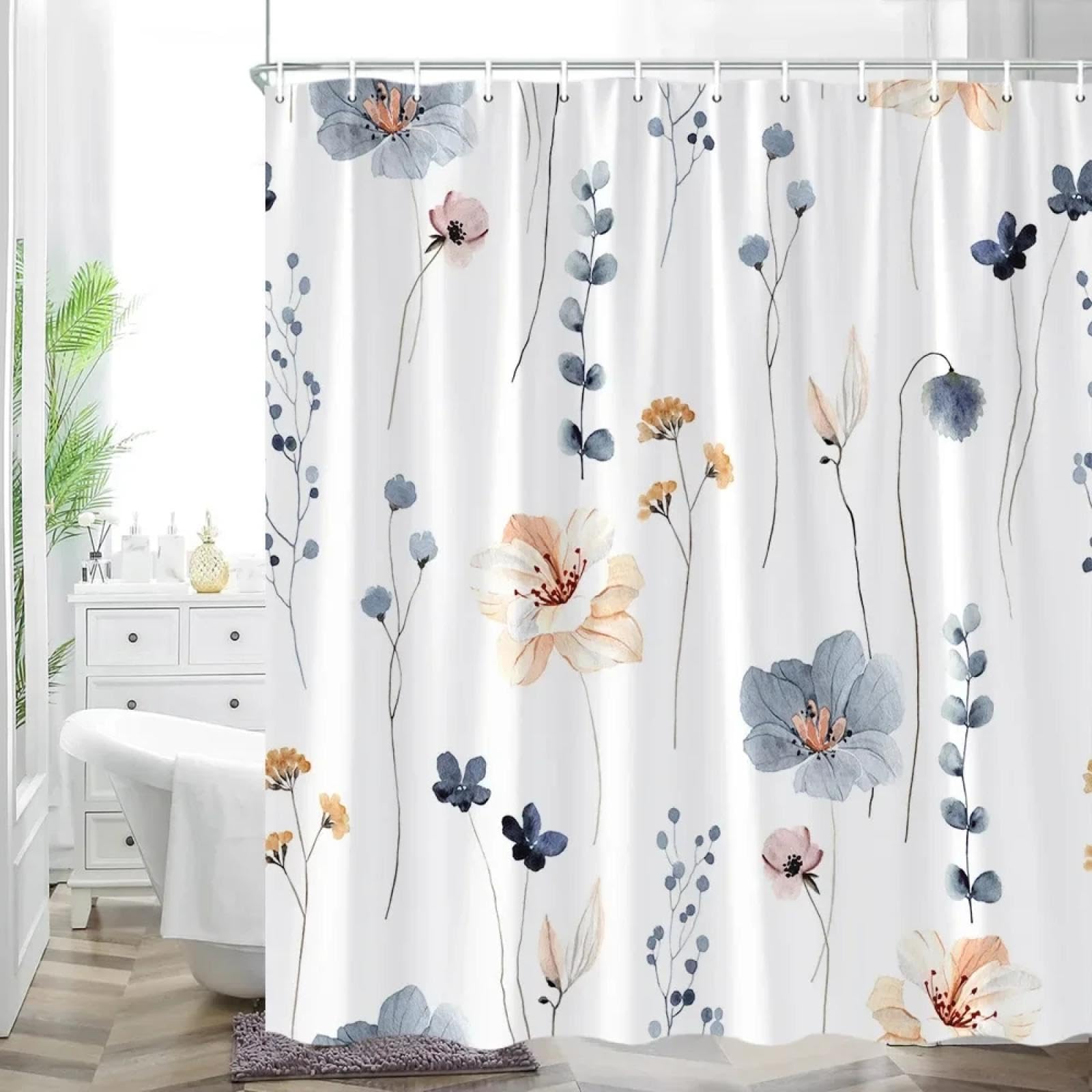 Rideau de douche en tissu blanc de qualité supérieure au motif floral aquarelle
