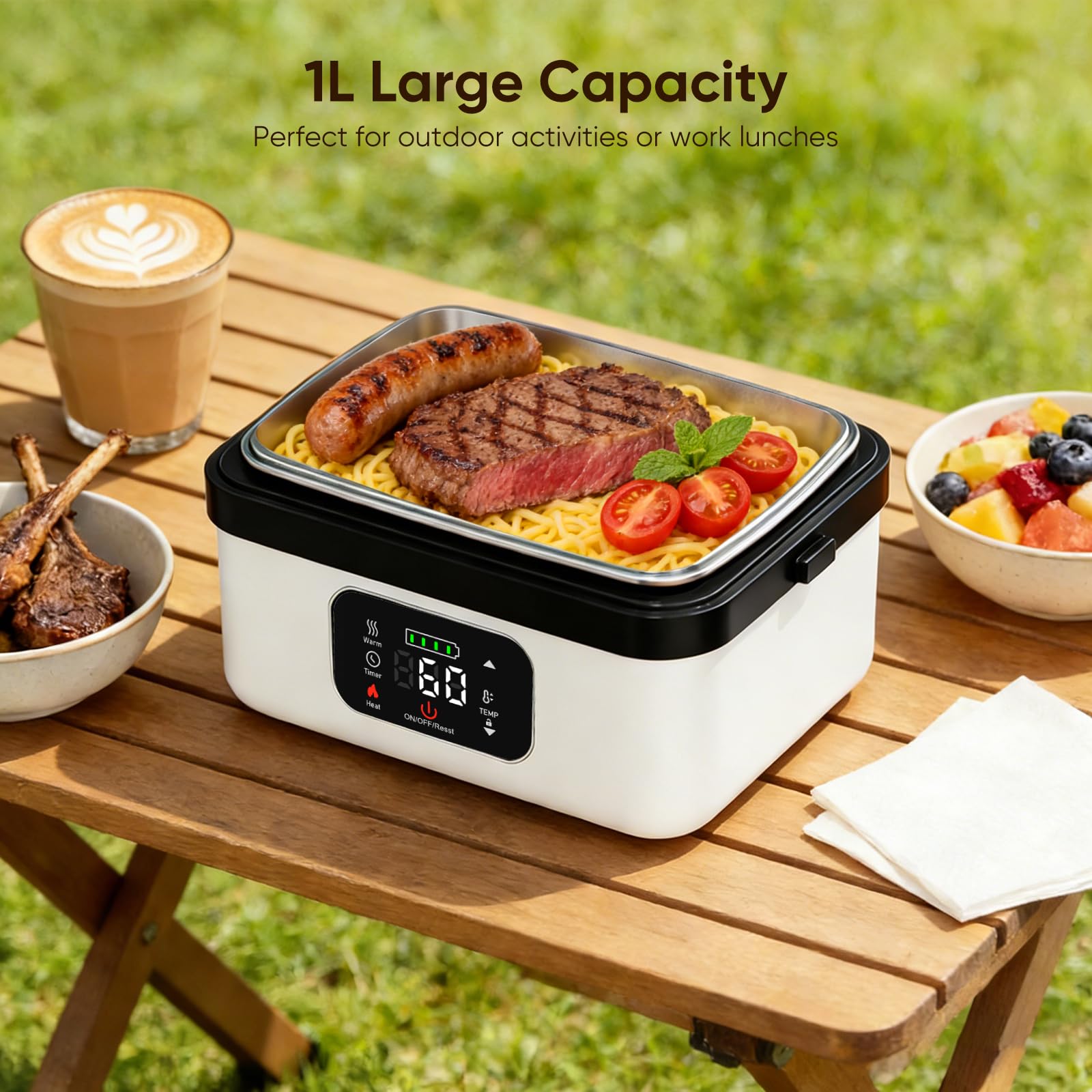 Fiambrera Electrica,Calentador de Comida Portatil 1L para Comida con 60W almuerzo caja calefactora con calefacción programable, acero inoxidable desmontable para coche, camión de oficina(Negro y gris)