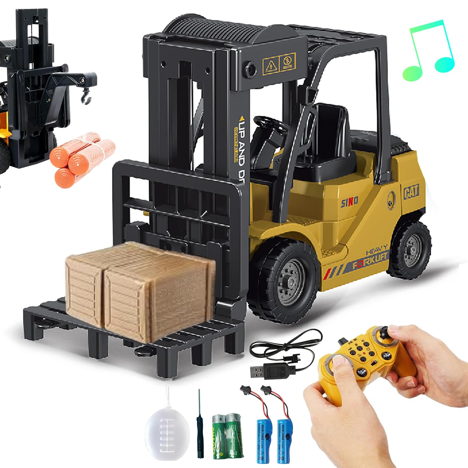 Scale 1:24 RC Giocattolo Carrelli Elevatori, Carrello elevatore telecomandato 2.4GHZ, con scatole/spray suono e luce, telecomandata carrello elevatore giocattolo per bambini, Regalo di complea
