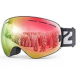 ZIONOR X Ski Snowboard Snow Goggles OTG Design for Men Women Adult with Spherical Detachable Lens UV Protection Anti-fog (VLT 21% Black Frame Revo Red Lens)