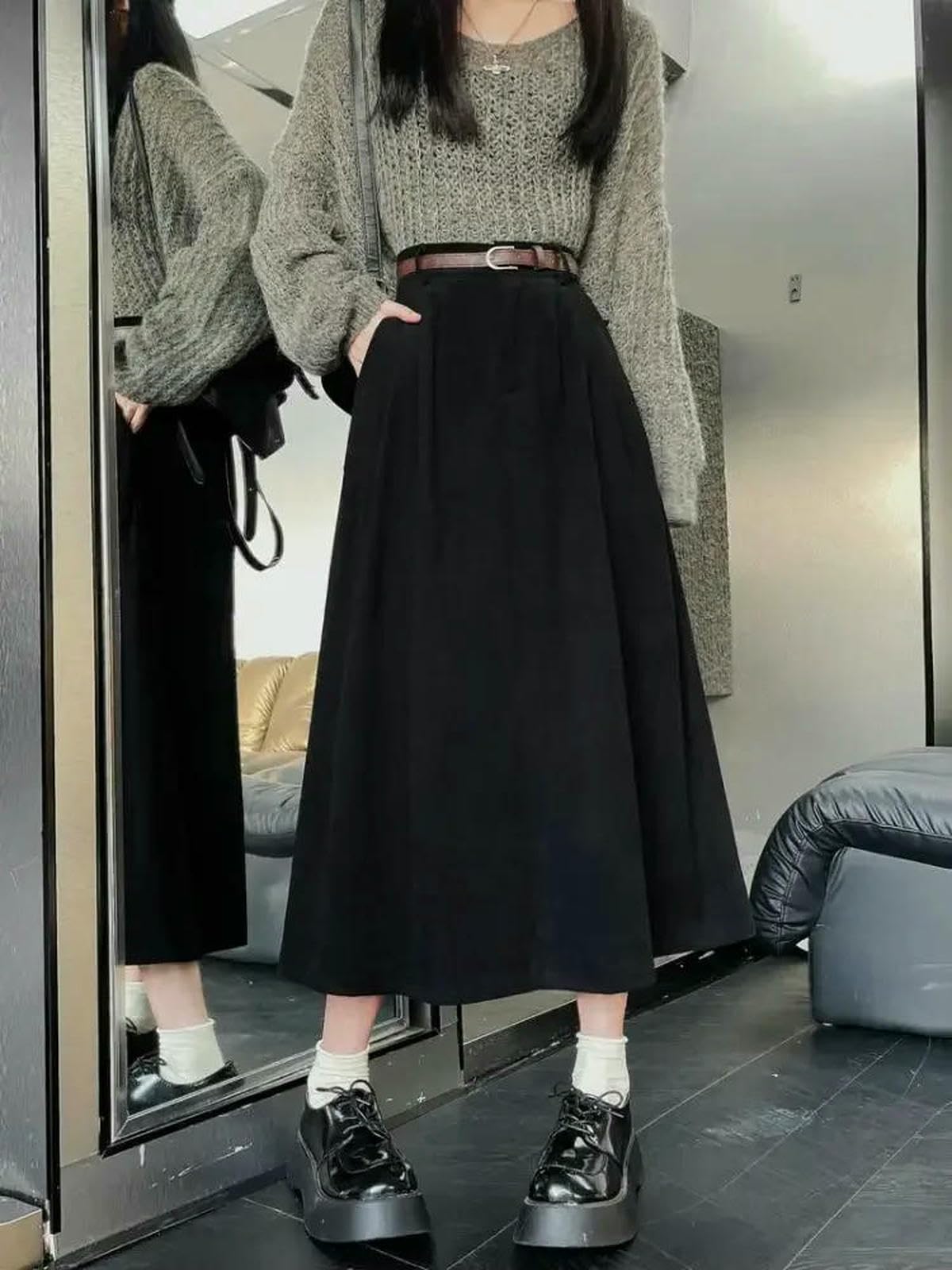 Langer Rock Damen Brauner Für Damen, Herbst Und Winter, Schwarzer Cord-Langrock Mit Hoher Taille, Plissierte A-Linien-röcke Im College-Stil-braun-l