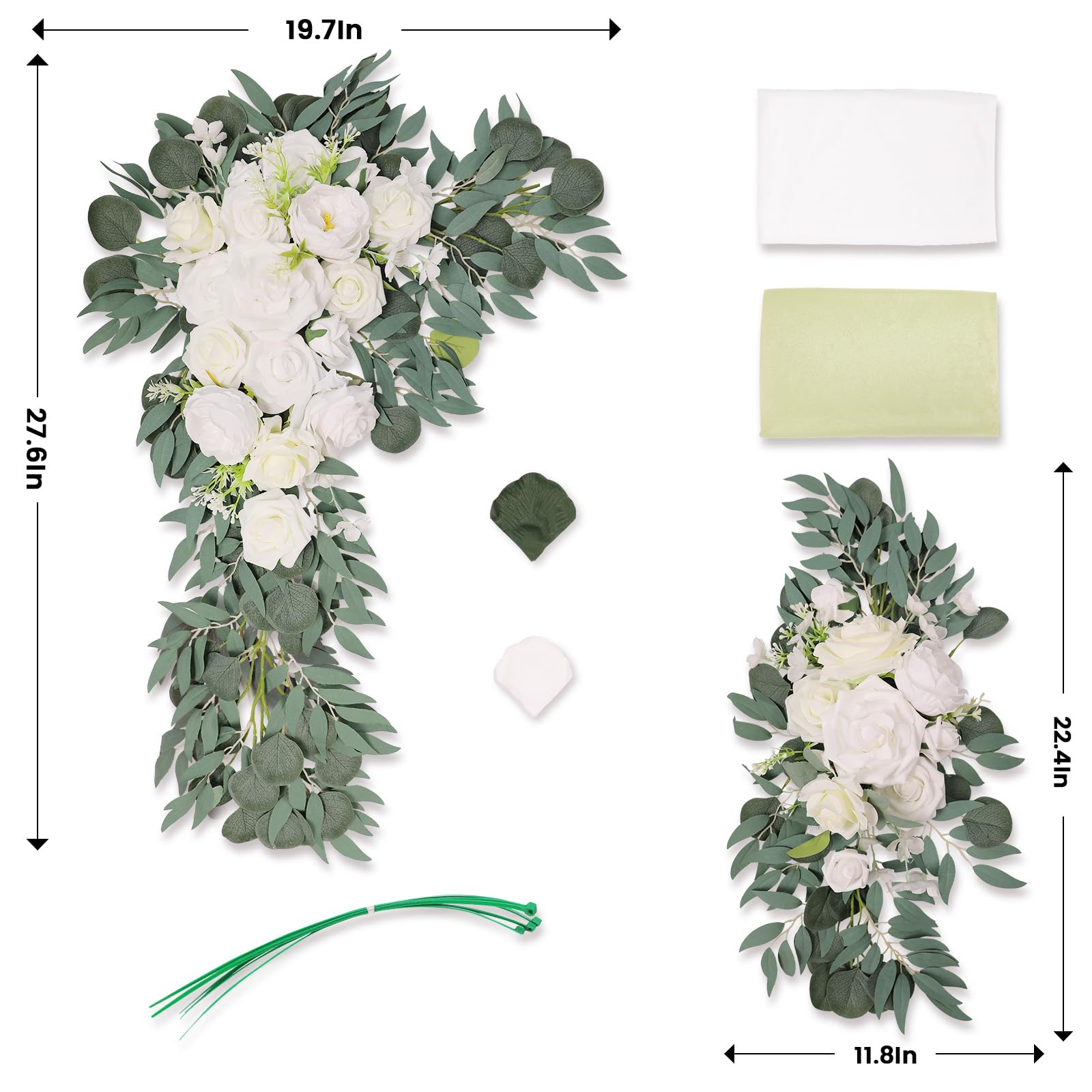 Wedding Decor Arch Flowers Kit(Pack of 5), 2pcs Artificial Arch Flower Swag, 2pcs Draping Fabrics with 1000pcs Bicolor Rose Petals for Wedding Ceremony Party Floral Arch Decorations(Green & White)