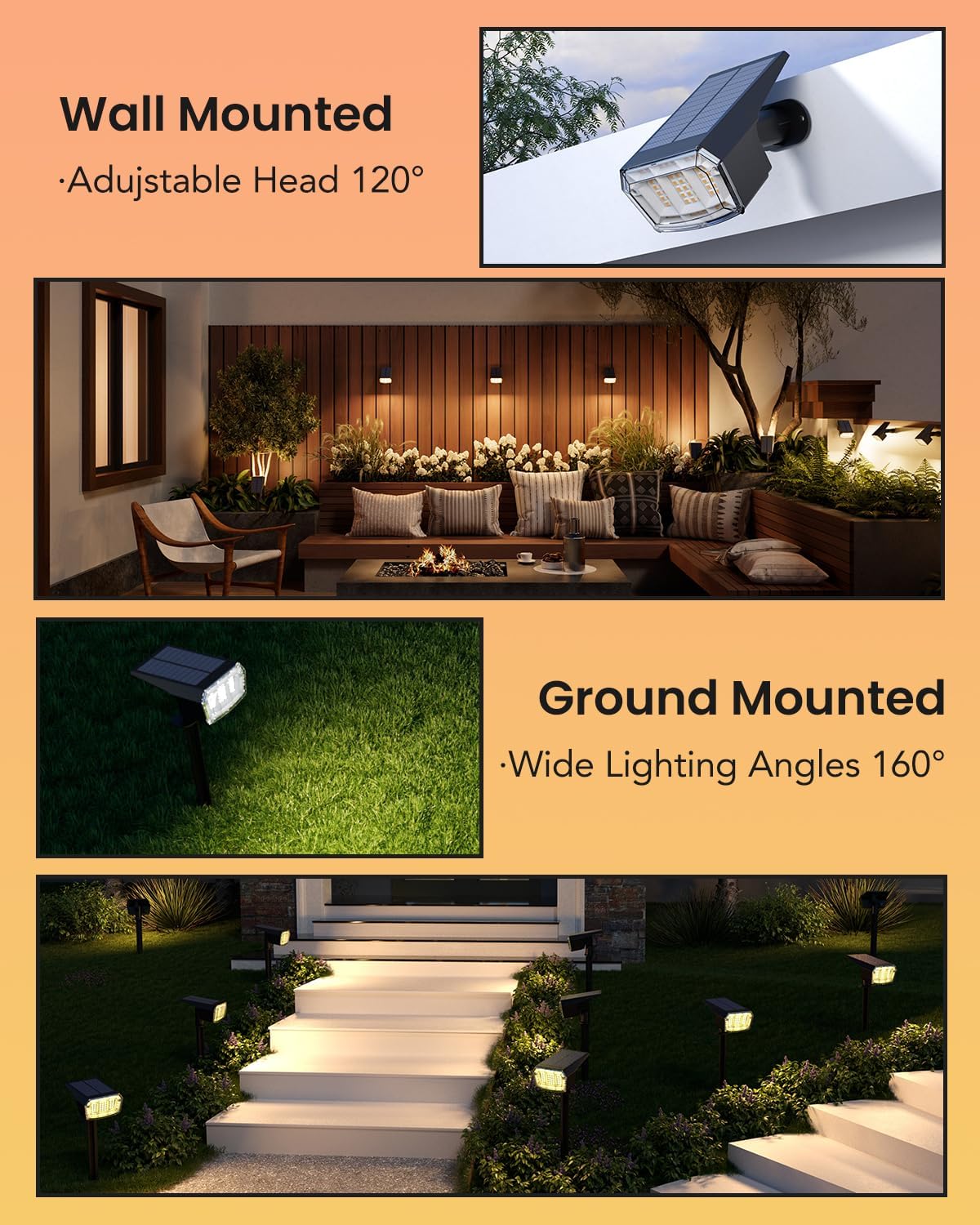 Solar Spot Lights Outdoor Waterproof IP65, 63 LED 3 Lighting Modes Wall Lights Illuminate Yard Garden House Garage for Holiday Outside-8 Pack(Warm White)