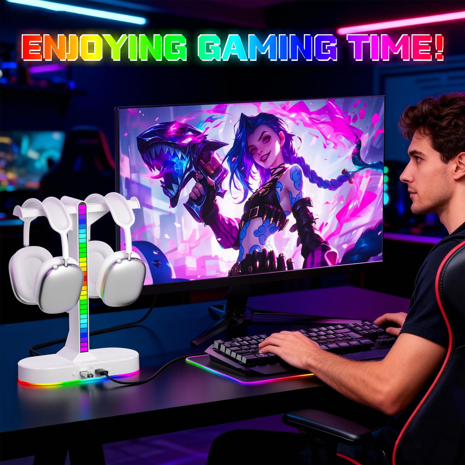 ALACOO Cool RGB - Soporte para auriculares con estación de carga, elegante soporte doble para auriculares, 3 puertos USB y audio de 3.5 mm, 8 modos de luz, el mejor regalo de juego para hombres