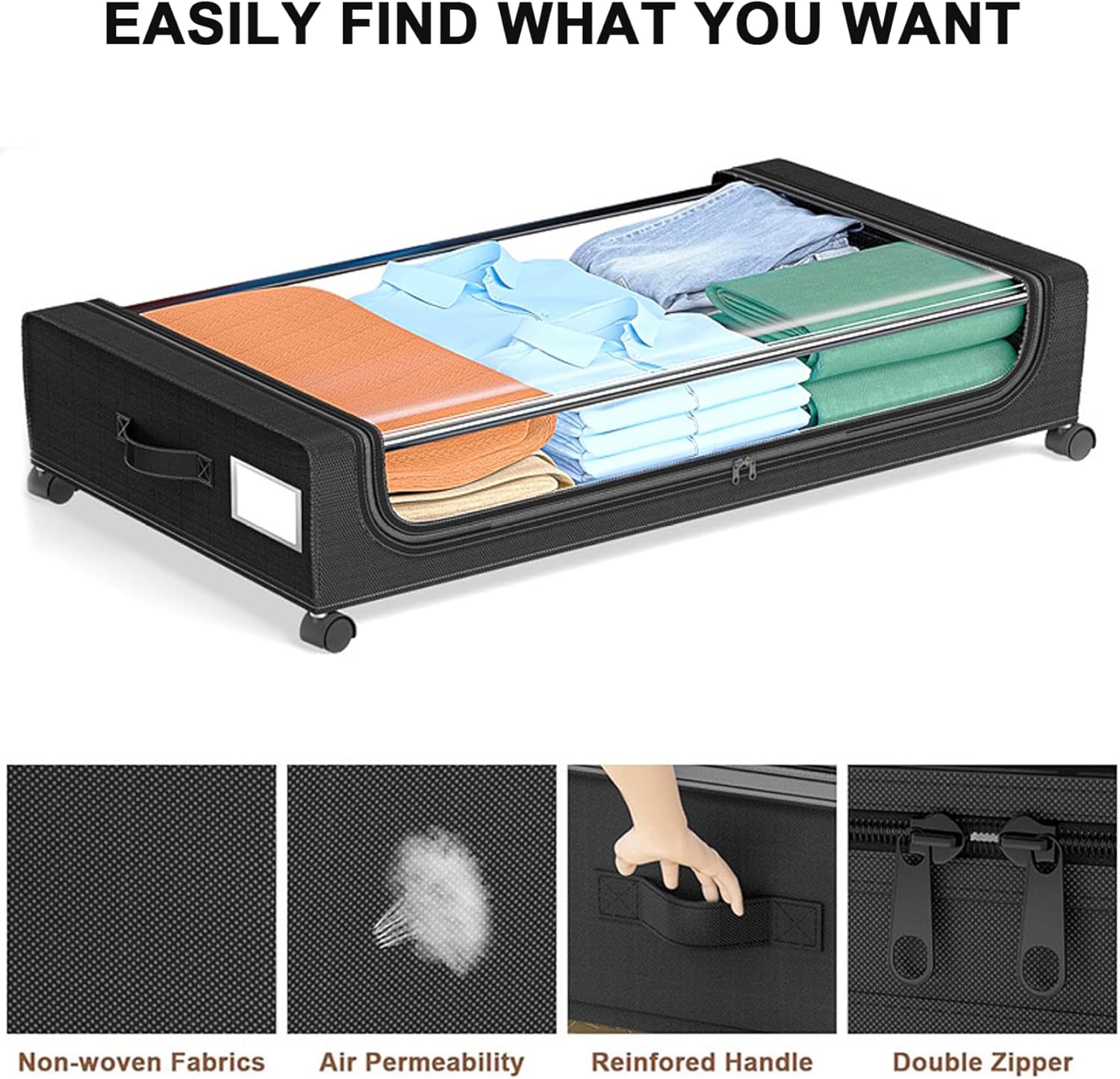 Under Bed Toy Storage, Under Bed Storage with Wheels 31×17×7in Large Moving Bags with Handle Flip-Top Dustproof Bedroom Organizer for Clothes, Shoes, Blankets