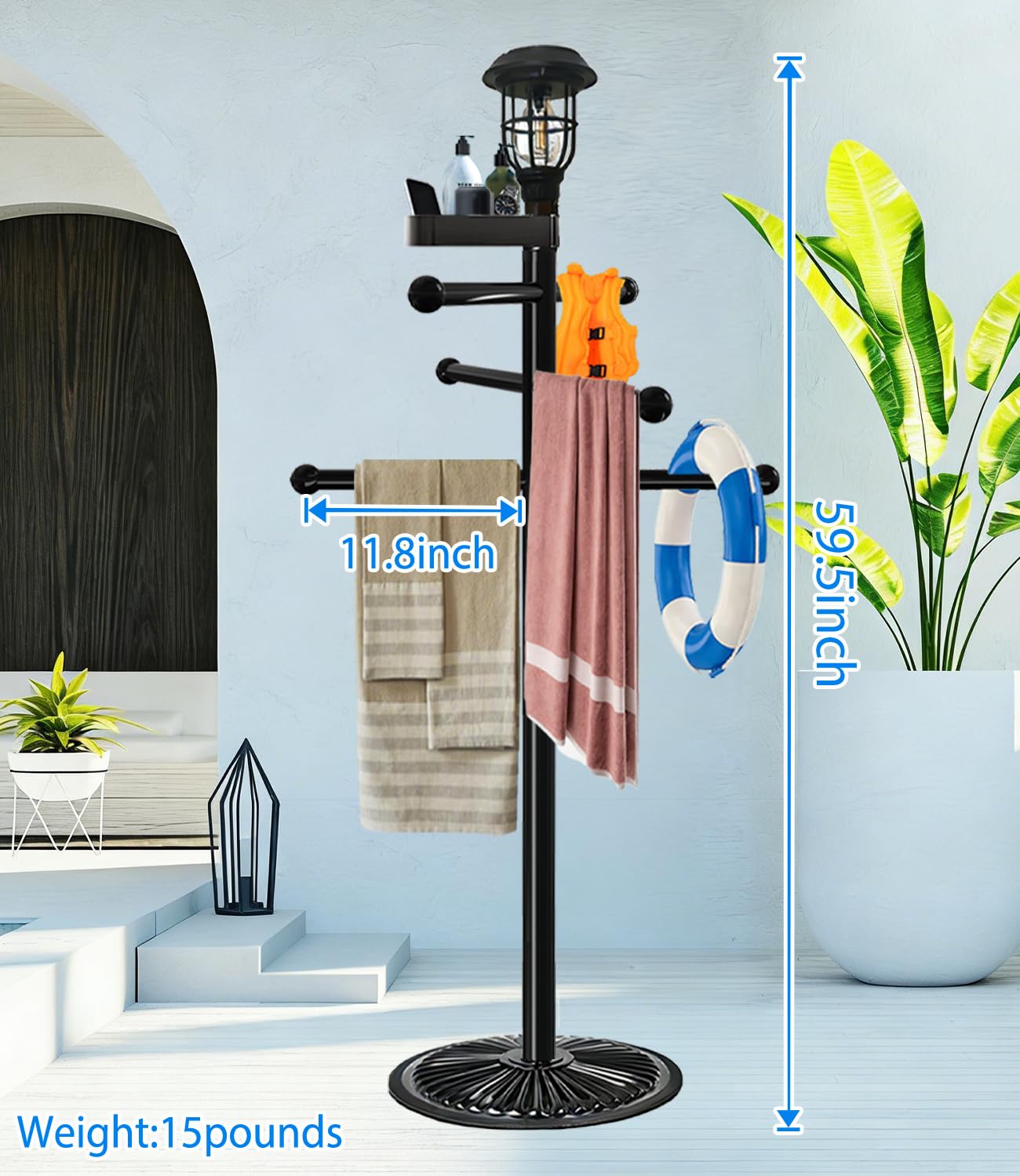 Porte-serviettes de piscine extérieur 5 avec lampe solaire