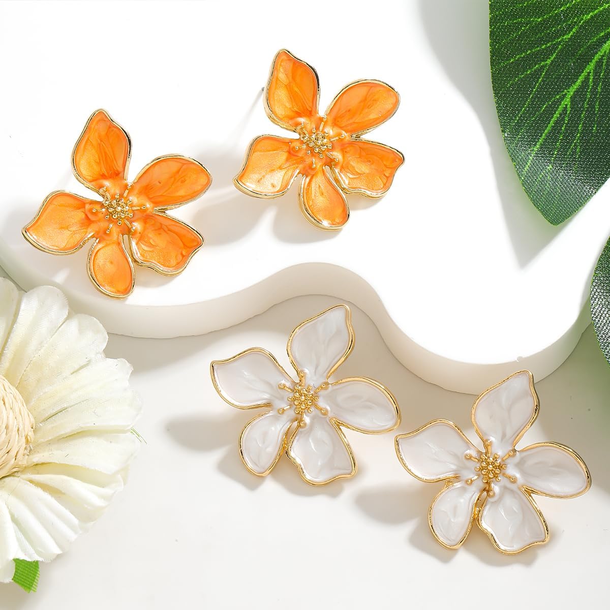 2 Pairs of White Orange Alloy Floral Stud Earrings Set for Women, Dainty Metal Flower Earring Stud for Summer Elegant Petal Wedding Jewelry Gift - Image 4