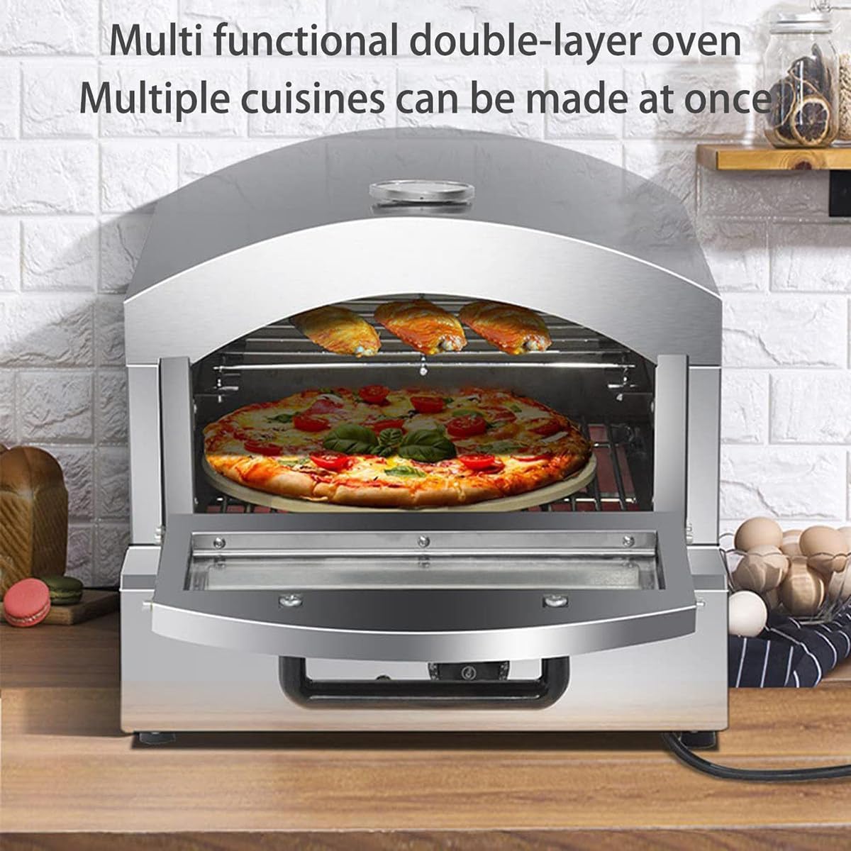 Komercyjny elektryczny piekarnik do pizzy, dwuwarstwowy toster ze stali nierdzewnej, regulacja temperatury 50–350 ℃, idealny do restauracji, domu i imprezy, wielofunkcyjny piekarnik nablatowy