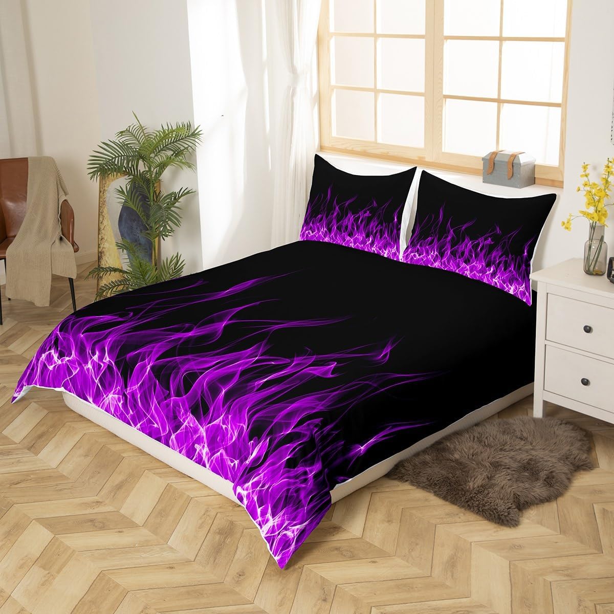 Feelyou Flame Duvet Cover Set Kawaii Decor Bedding Set for Kids Boys Women Purple Flame Comforter Cover Set Chic Quilt Cover with 2 Pillowcases 3Pcs Bedding Full