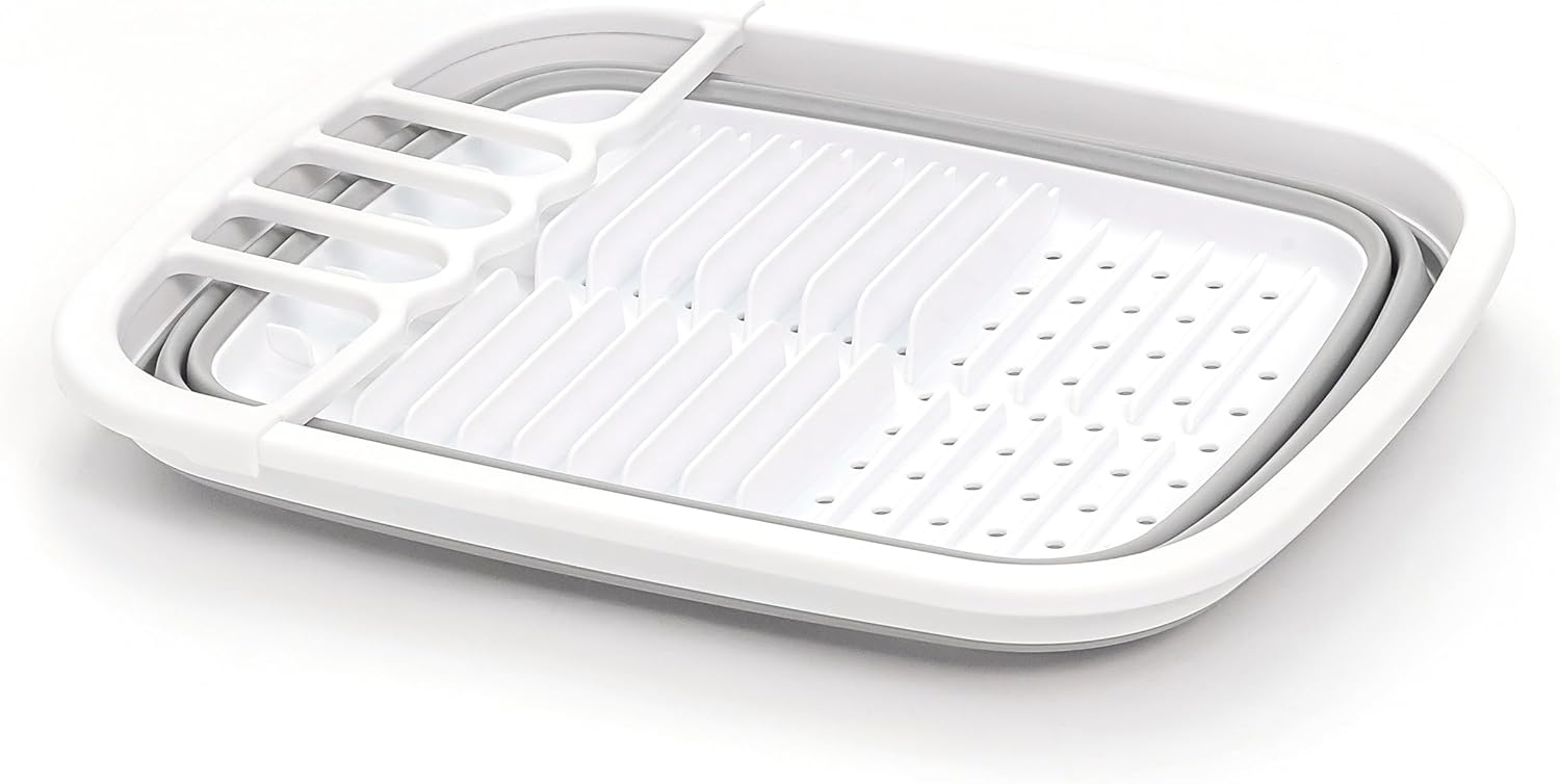SAMMART 8L (2.11Gallons) Collapsible Plastic Dish Drainer - Foldable Drying Rack - Portable Dinnerware Organizer - Space Saving (White/Grey (Set of 2))