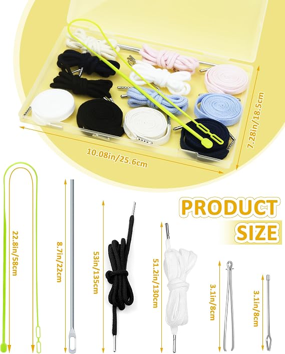 FIVEIZERO Drawstring Cord Kit-12pcs Draw Strings & Drawstring Threader Tool | Flat & Round,Black & White Drawstrings;String Replacement for Pants,Shorts,Shoes,Sweatpants,Bag,Hoodie;Plastic Storage Box