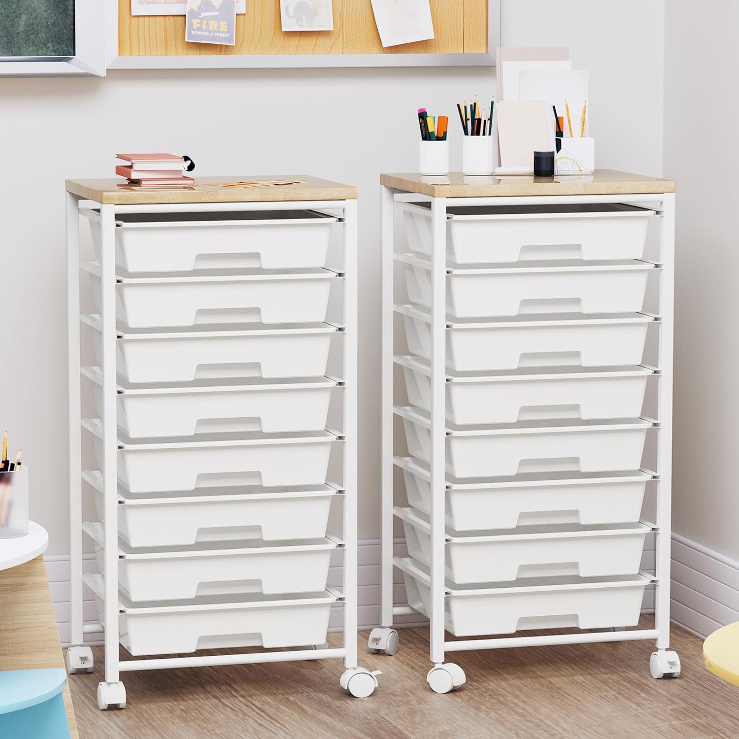 Rolling Cart with 8 Drawers, Storage Drawers Cart with Wooden Tabletop and Lockable Wheels, Craft Storage for Living Room, Office, Classroom, Craft Room, Bedroom - Image 5