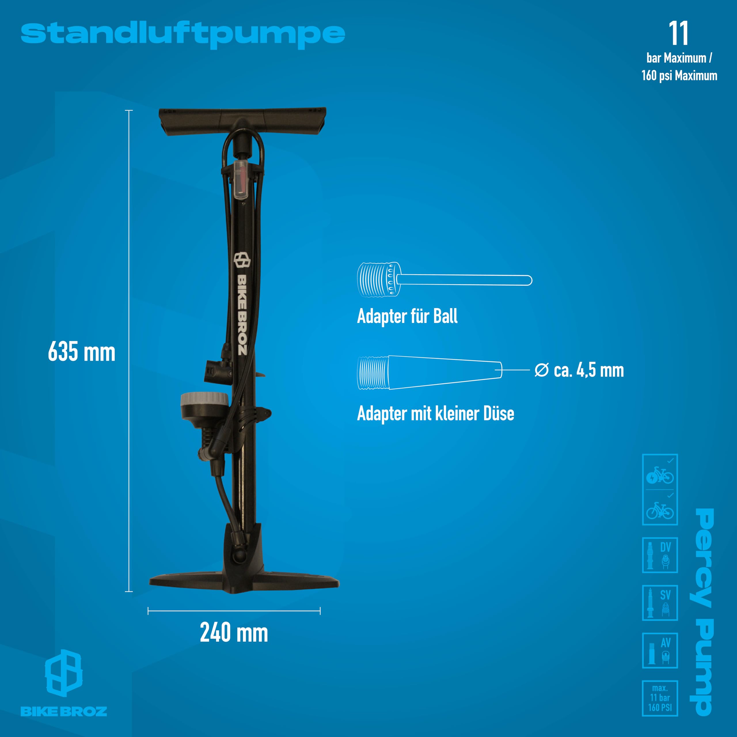 BikeBroz - Bomba de pie para Todas Las válvulas con Diferentes adaptadores, Bomba de Aire Adecuada como Bomba de Bicicleta y Bomba de Bola, Bomba de Aire de pie Percy Pump Accesorios para Bicicleta