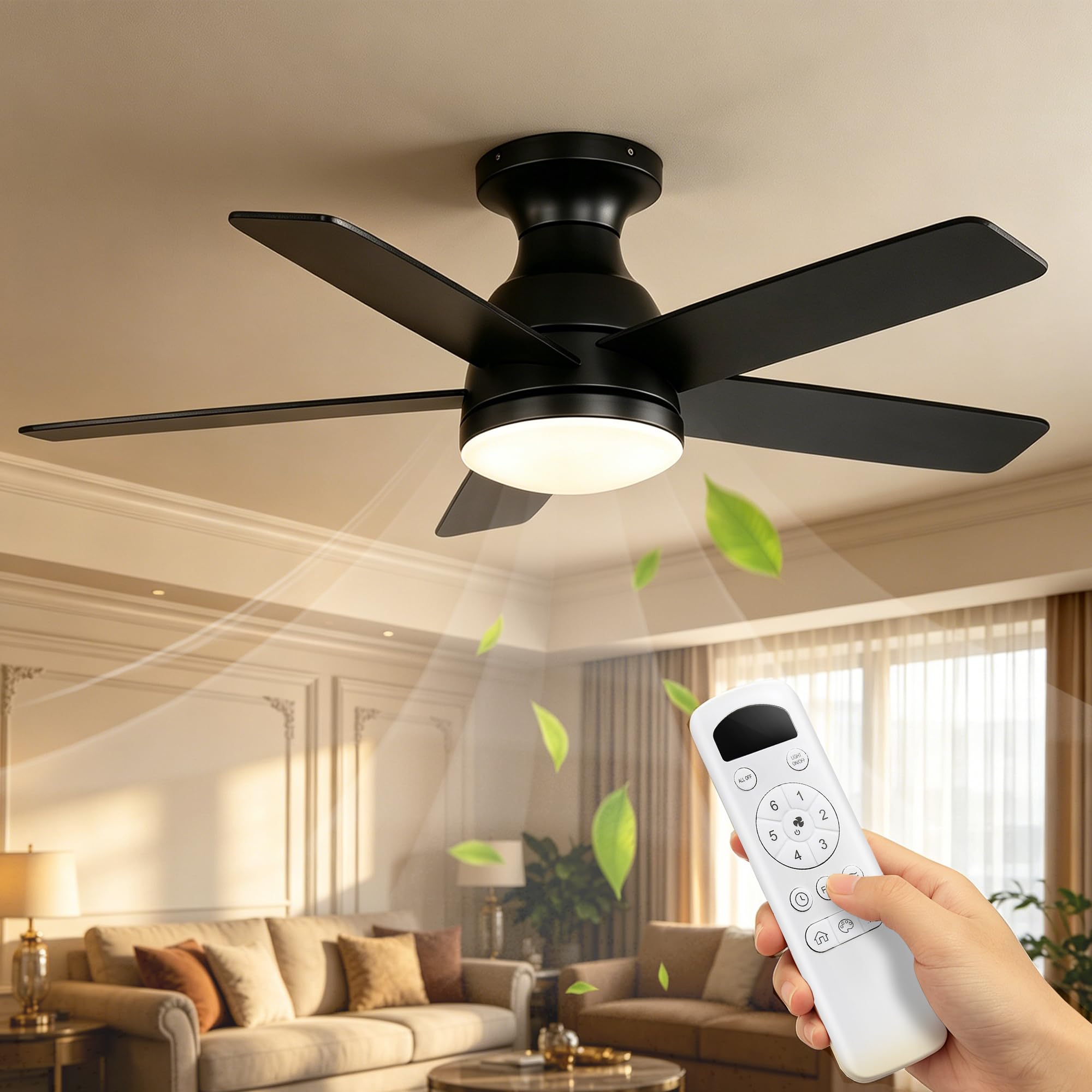 OZENAOS Deckenventilator mit Beleuchtung 112 cm, Leiser 33W DC Motor Ventilator Deckenlampe mit Fernbedienung, 6 Windstufen & Timer, LED Dimmbar 3000-6000K,1700LM, für Wohnzimmer Schlafzimmer