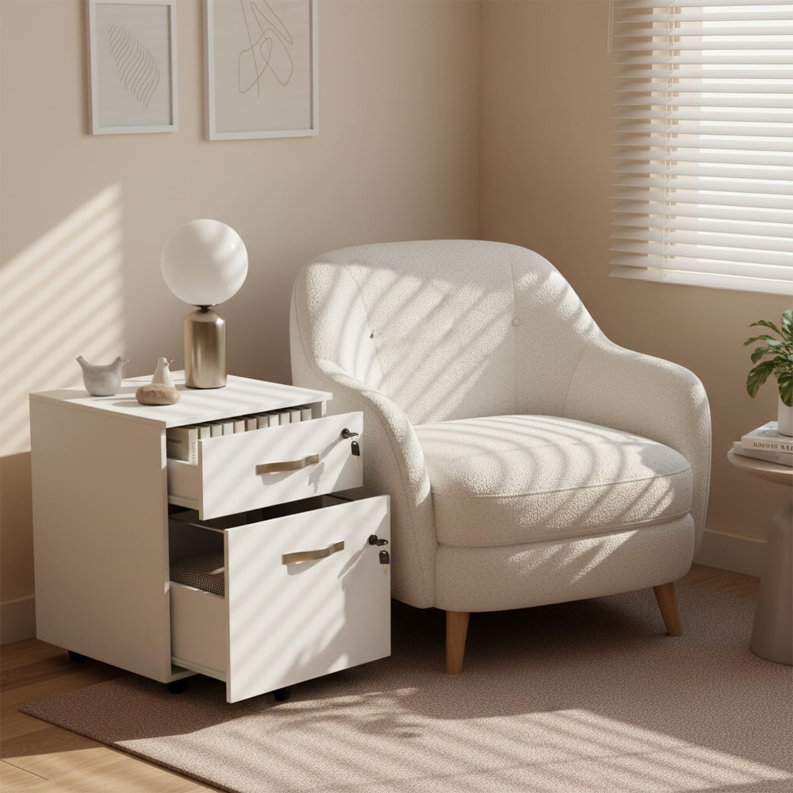 Caisson de Rangement, Meuble Bureau à 5 roulettes, 2 Tiroirs, Verrouillable Meuble sous Bureau 53.5 cm Hauteur, Blanc