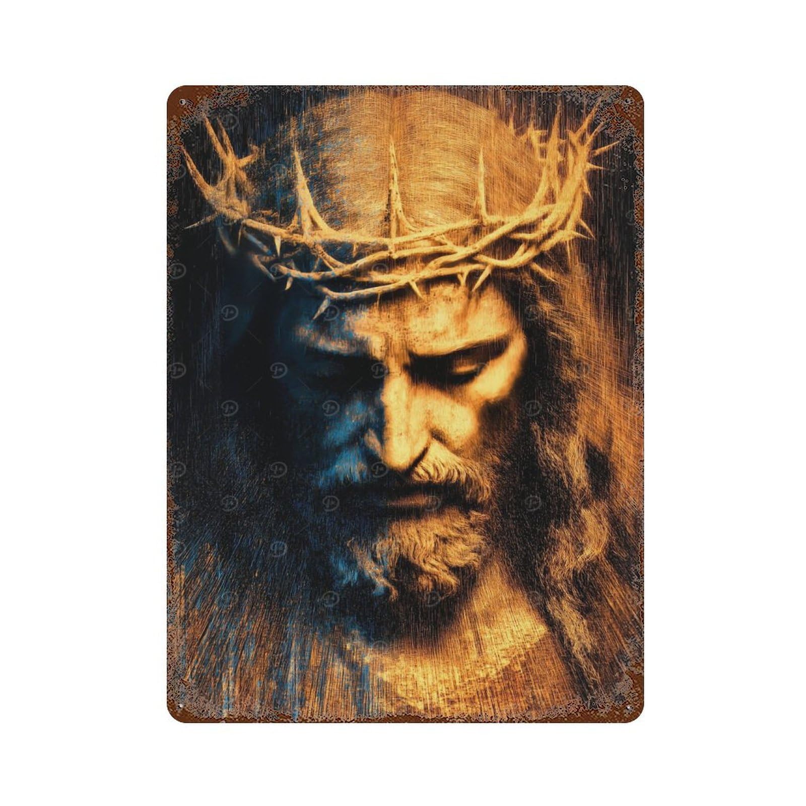 Abstract Jesus Christ with Crown of Thorns Rusty Metal Tin Sign 15.7"x11.8", for Pub, Kitchen And Man Cave Decor, Farmhouse Wall Decor