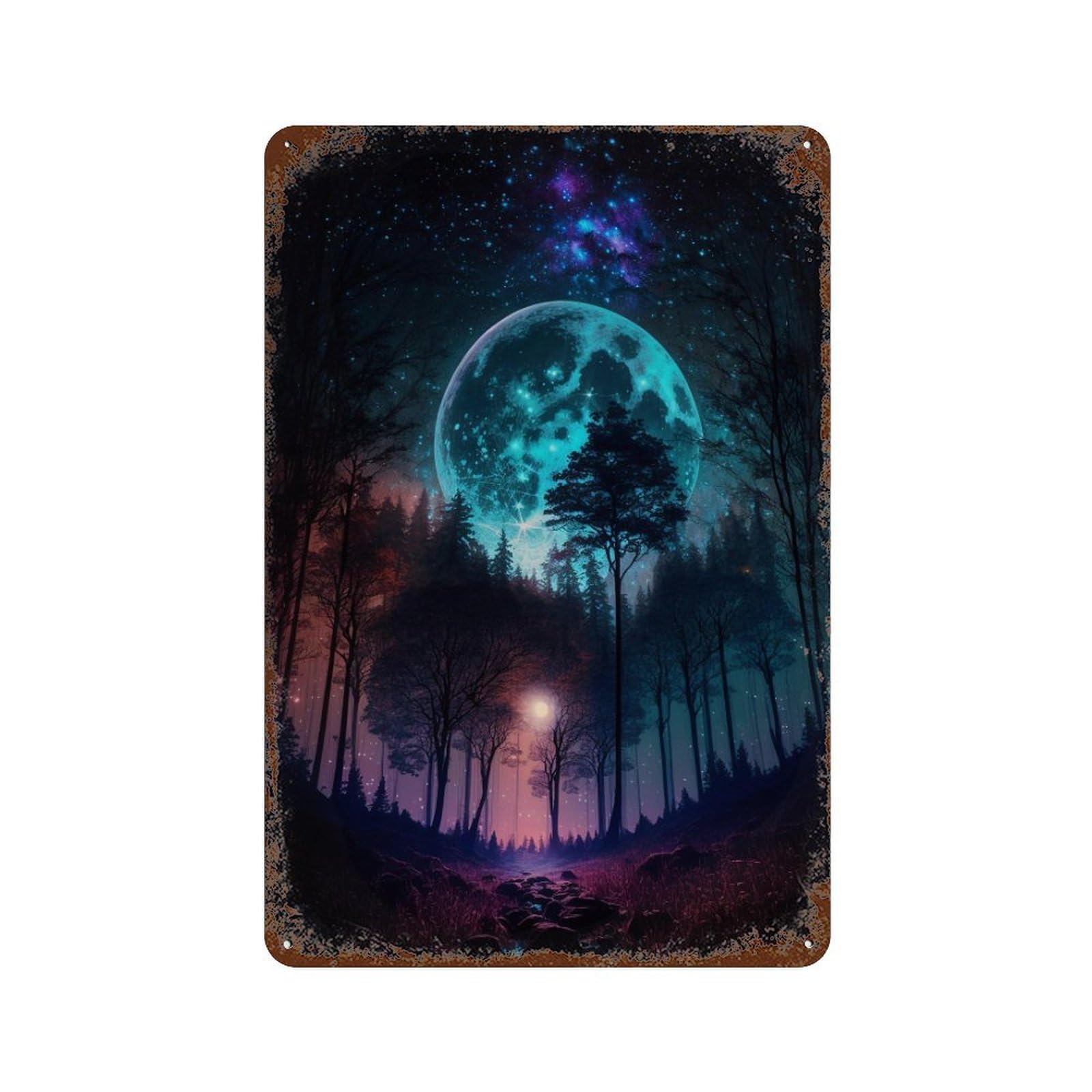 Enchanted Forest Moonlit Night Decorative Tin Sign 11.8"x7.9", Retro Wall Decor for Living Room, Hallway And Home Decor