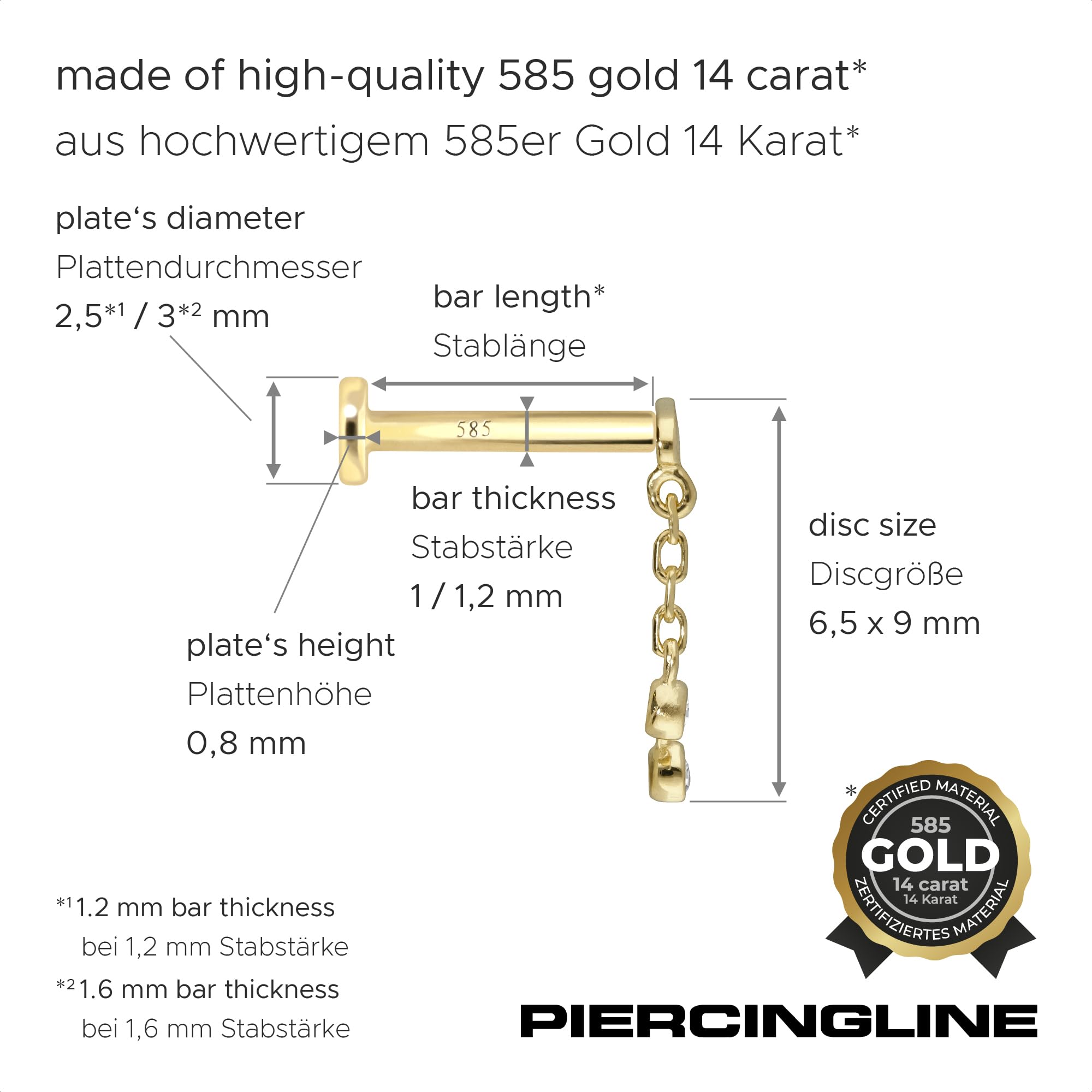 PIERCINGLINE 14 Karat Gold Labret Ohr-Piercing mit Push Fit MOISSANIT-WINDSPIEL 0,015 kt. Farb & Größenauswahl