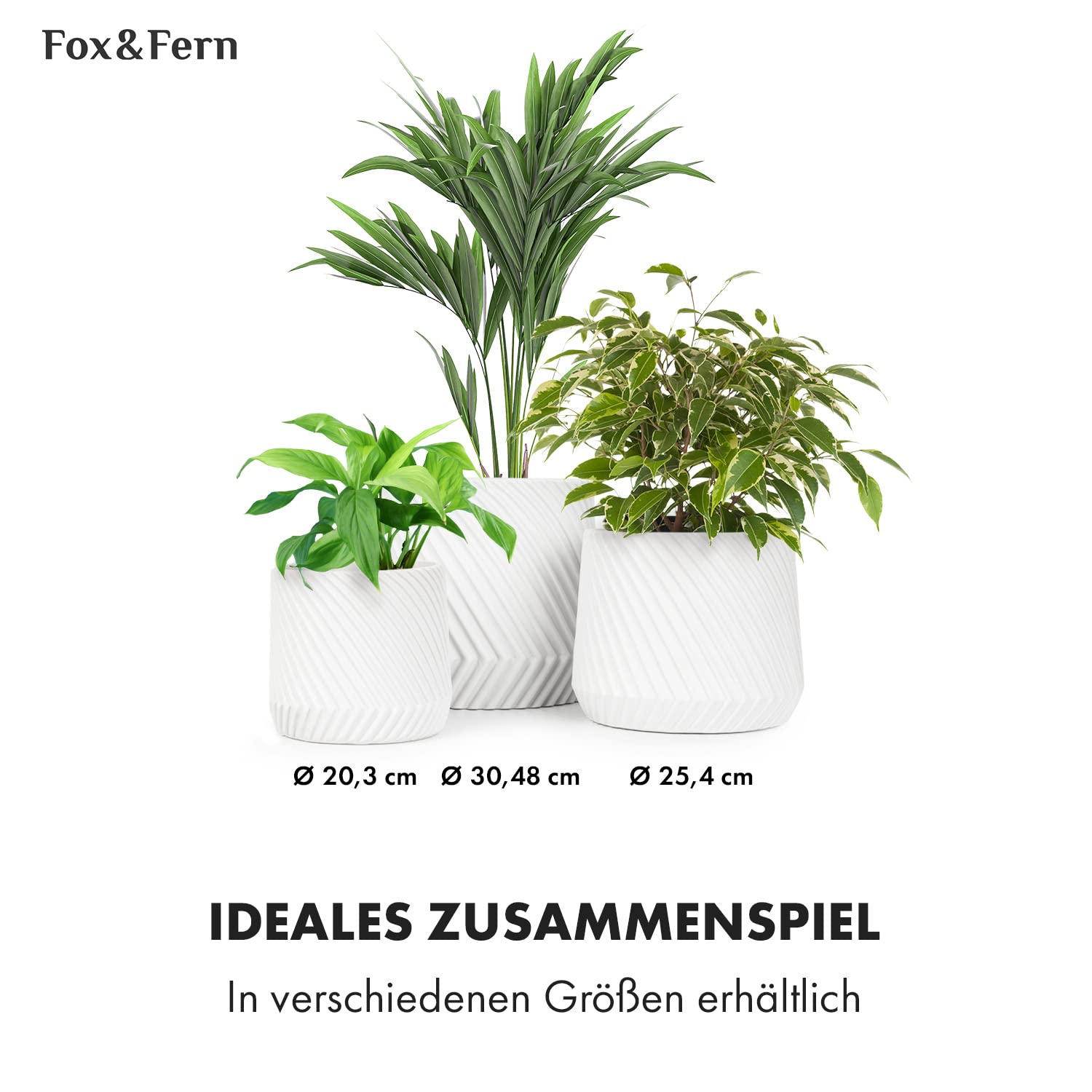 Fox & Fern Weiße Pflanzgefäße für Zimmerpflanzen (2er-Set) – Premium-3D-Textur, Polystein, 20,3 cm und 25,4 cm, moderne weiße Blumentöpfe für drinnen und draußen, glatte Innenseite, leicht