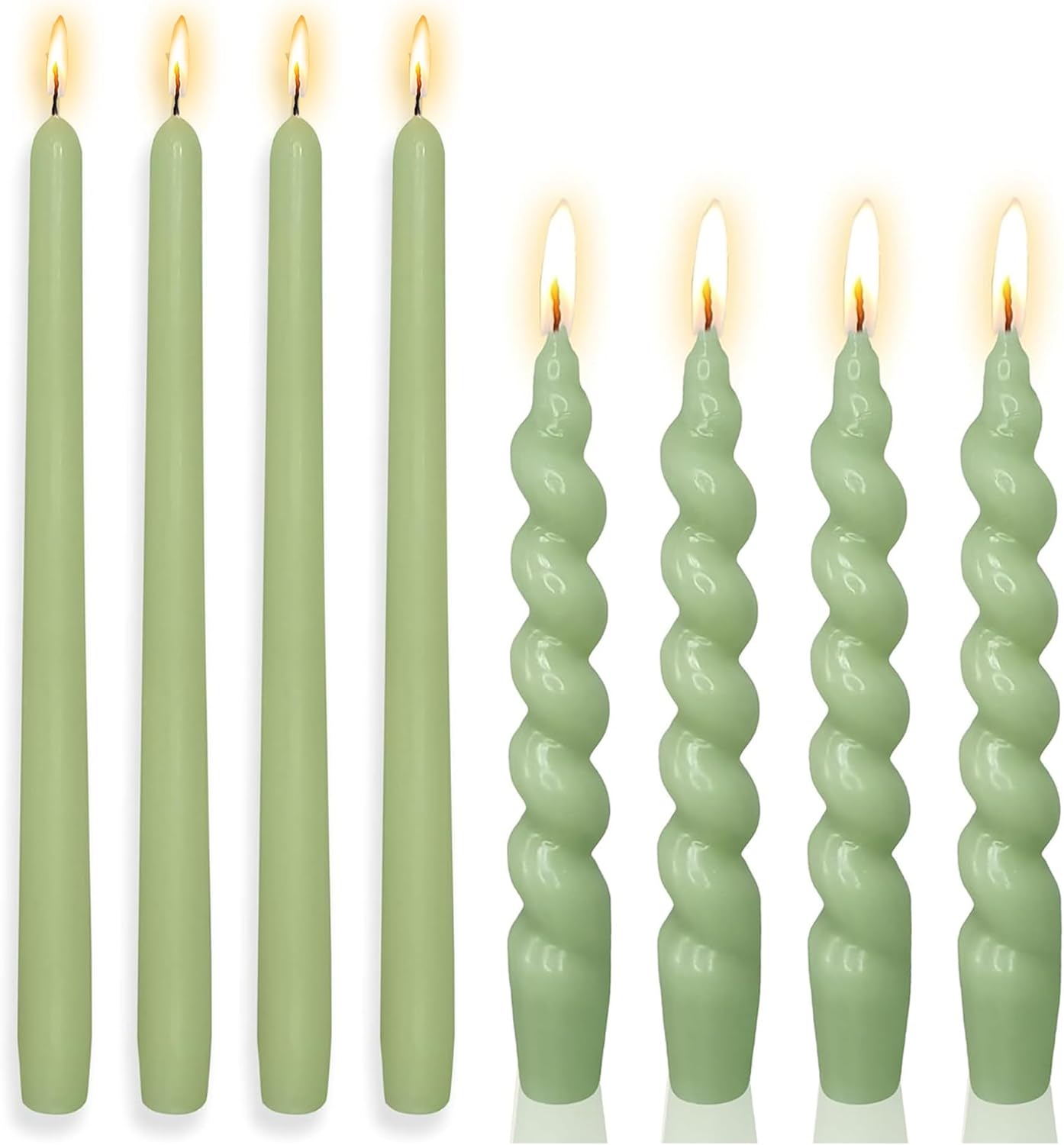 Spiral Taper Candle Dinner Candlesticks - Set of 8 Green Candle Stick Unscented Tapered Candles Elegant Design for Home Décor Weddings Festive Seasons Holiday