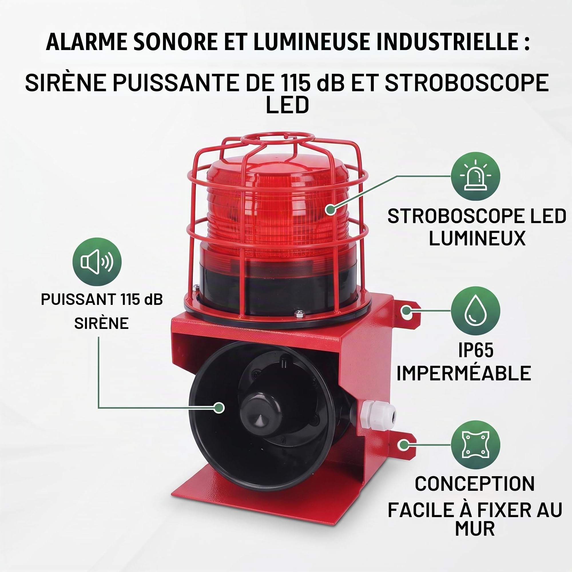 Alarme Sonore et Lumineuse Industrielle 115 DB, Protection IP65, Montage Mural Stroboscopique LED, Voyant D'avertissement Stroboscopique D'urgence, Alarme Extérieure Adaptée